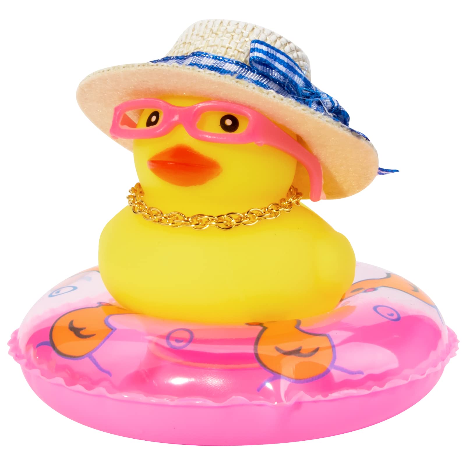 Wonuu Rubber Duck Car Dashboard Decoration - Cute Blue Duck with Mini Straw Hat, Pink Swim Ring & Sunglasses - Fun Car Accessories for Dashboard, Gift Idea for Car Lovers (Use for Car Interior Decoration, Office Desk Toy, or Party Favors)