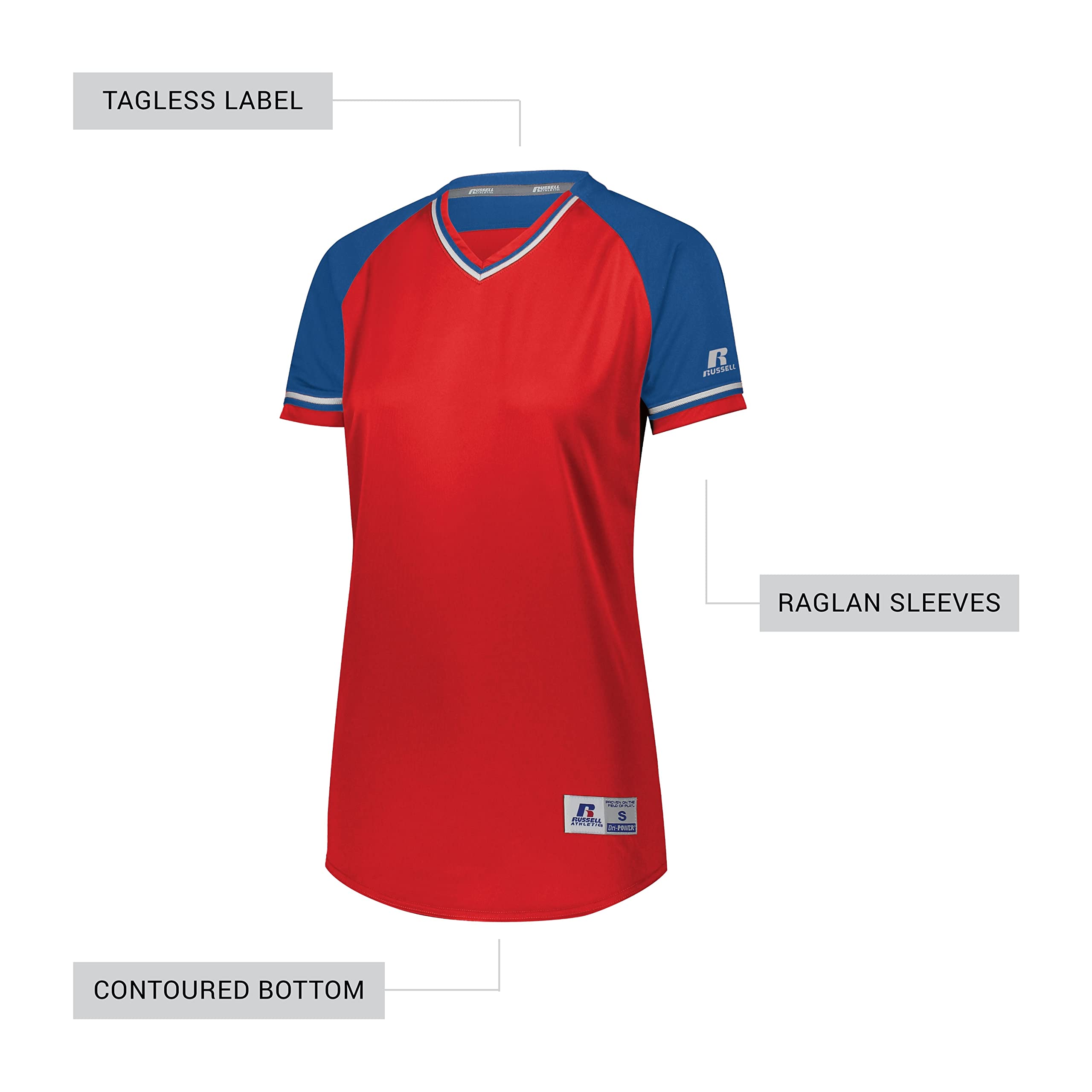 Russell Athletic Women's V-Neck Softball Jersey - Short Sleeve Moisture Wicking Performance Tee - Classic Athletic Wear for Softball Games, Training & Casual Sports Outfits