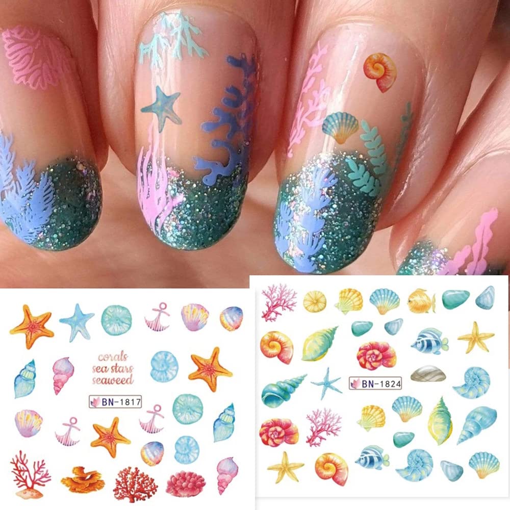 Ocean Nail Stickers - 12 Sheets Water Transfer Decals for Summer Nails | Starfish, Shark & Jellyfish Designs for DIY Manicures & Acrylic Nail Art