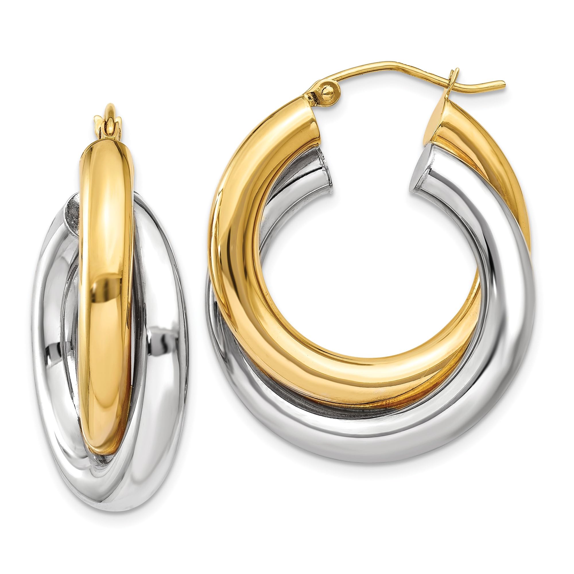 14K Solid Two-Tone Gold Double Tube Round Medium Hoop Earrings for Women - Elegant Everyday & Party Jewelry Gift