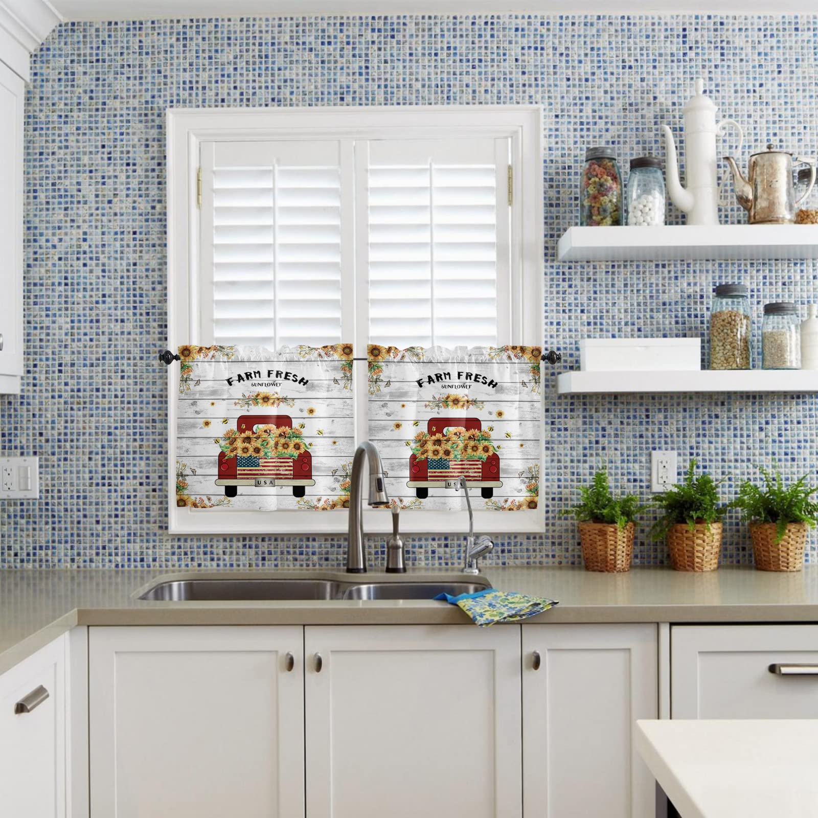 Red Truck Yellow Sunflower Kitchen Curtains 36 Inch Length - Small Short Cafe Tier Curtains with Rod Pocket, Set of 2 Panels (55x36 Inches) for Windows - Perfect for Farmhouse, Country Style Kitchens & Breakfast Nooks