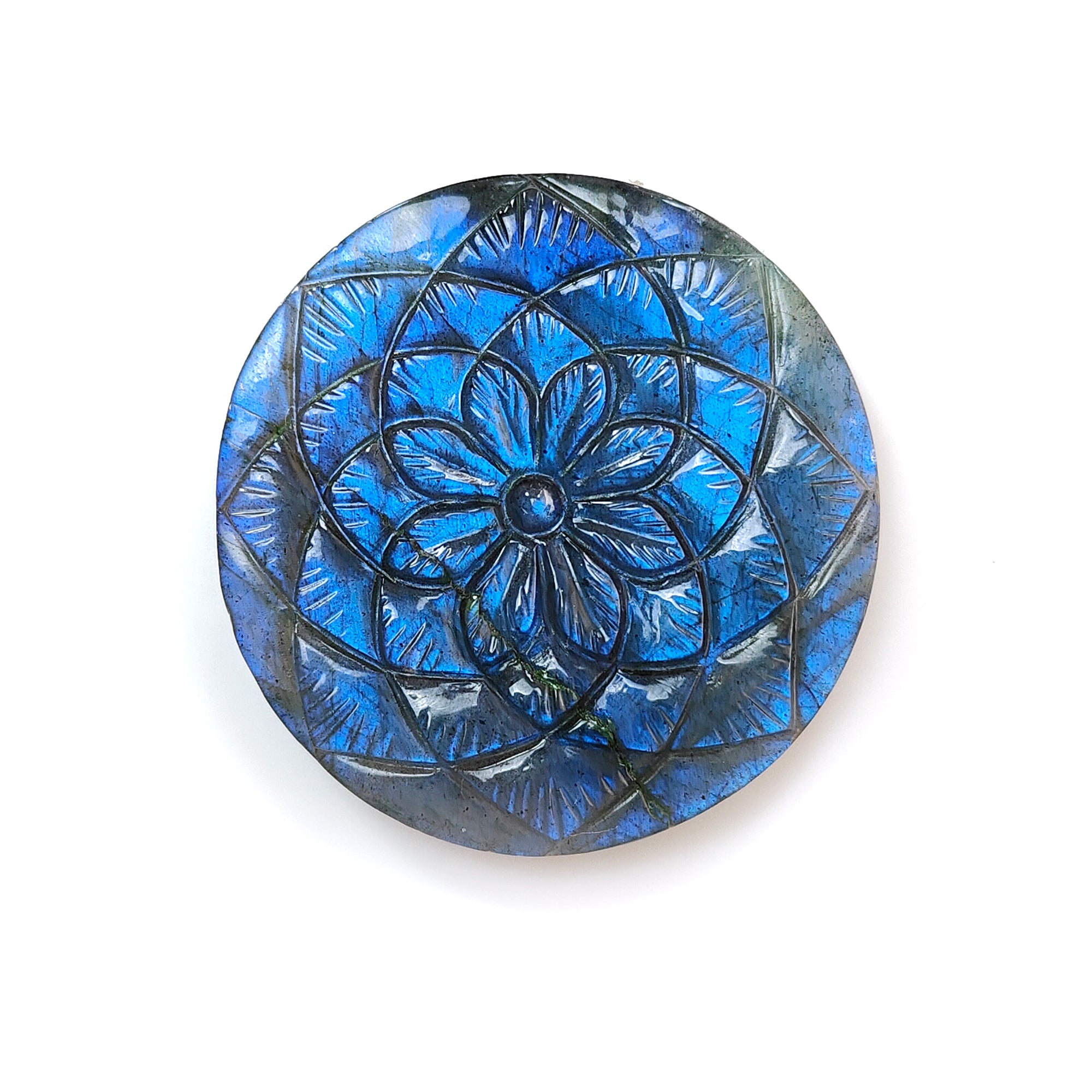 Natural Blue Labradorite Gemstone Carving - 68.60cts Untreated Hand-Carved Round Stone (32mm) for Jewelry Making | Healing Crystal, Pendant, Ring & Necklace Design | Spiritual Gift & Energy Stone