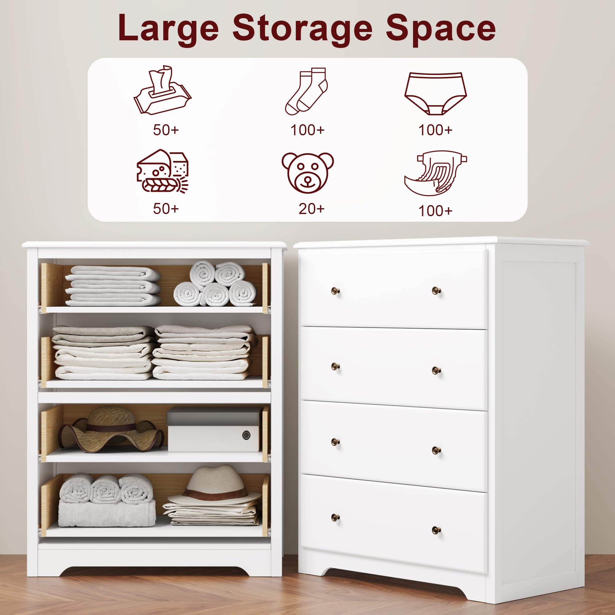 HOUSUIT White Dresser with 4 Drawers - Modern Tall Wooden Chest Storage Cabinet for Bedroom, Living Room, Hallway & Home Office - Ivory White Dresser Organizer for Clothes, Accessories & Home Decor
