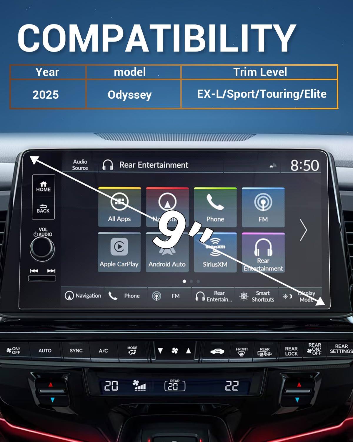 2025 Honda Odyssey Screen Protector - Tempered Glass for EX-L/Sport-L/Touring/Elite - Perfect for 9