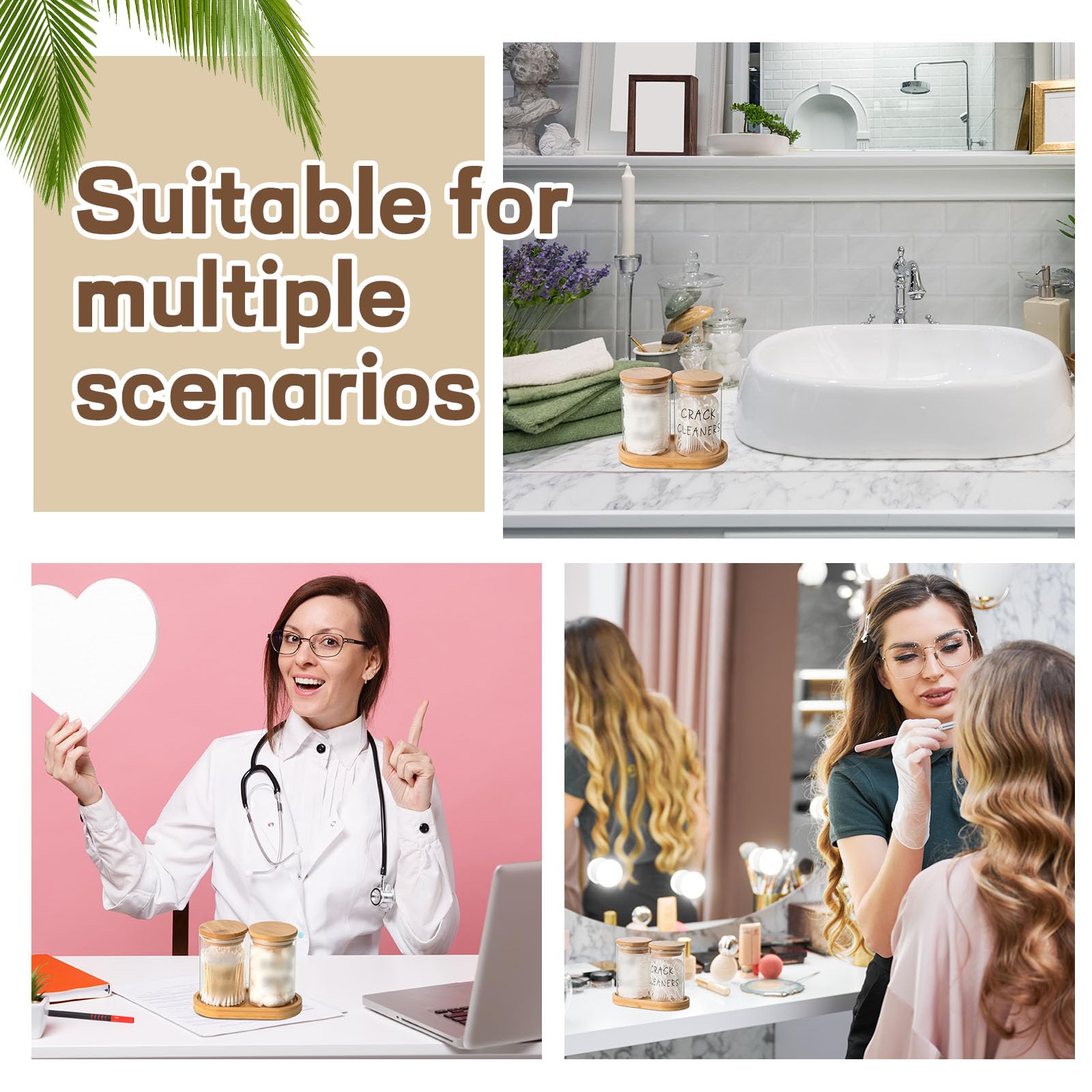 6-Piece Cotton Ball Holder Set with Glass Apothecary Jars & Bamboo Tray - Bathroom Countertop Organizer for Cotton Balls, Q-Tips & Beauty Essentials - Perfect for Vanity, Spa Decor & Home Storage Solutions