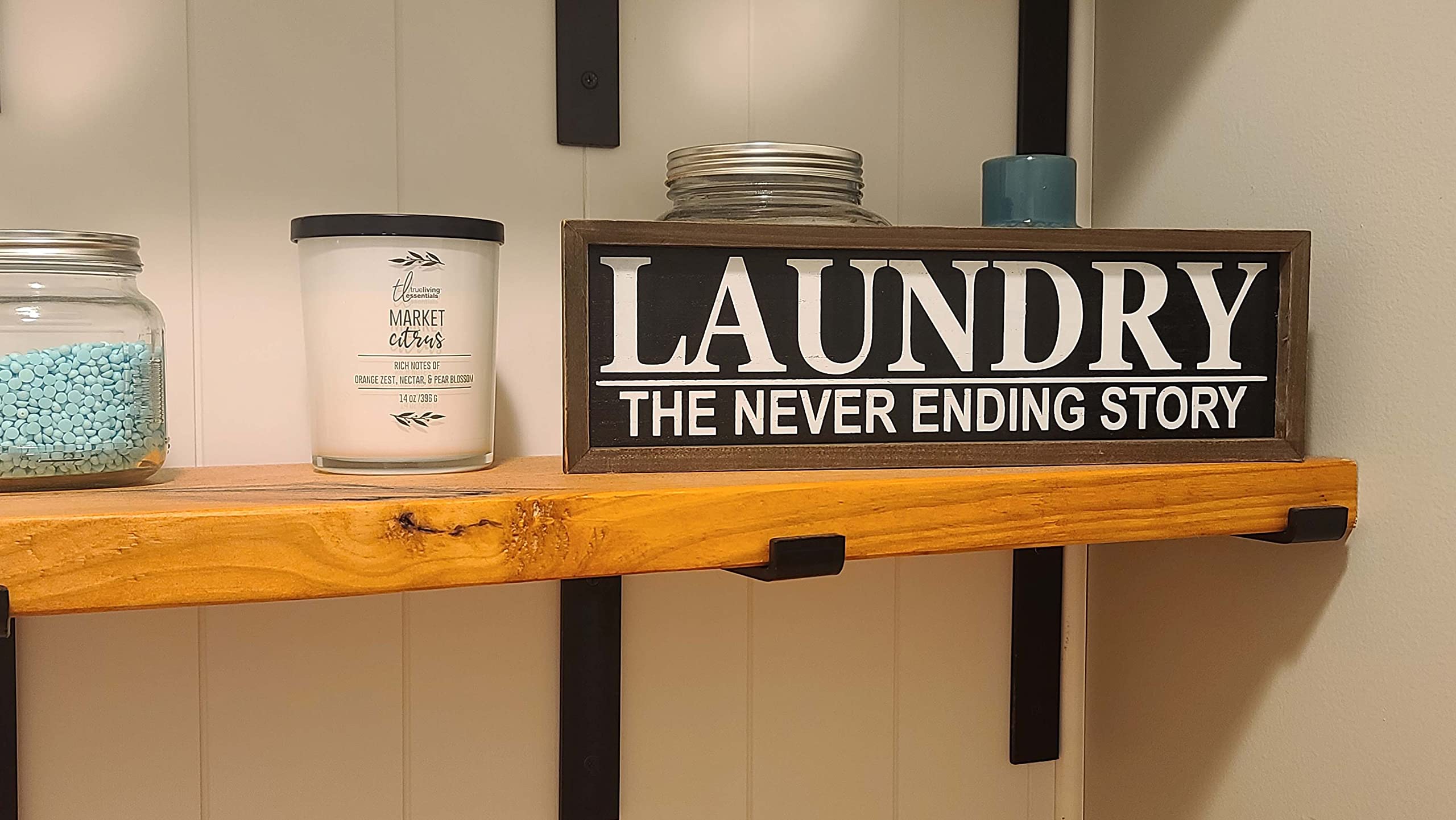 Laundry Room Sign - 'Laundry The Never Ending Story' Funny Wall Decor - 16x5 Inch Rustic Wooden Sign - Perfect for Laundry Room, Bathroom or Housewarming Gift