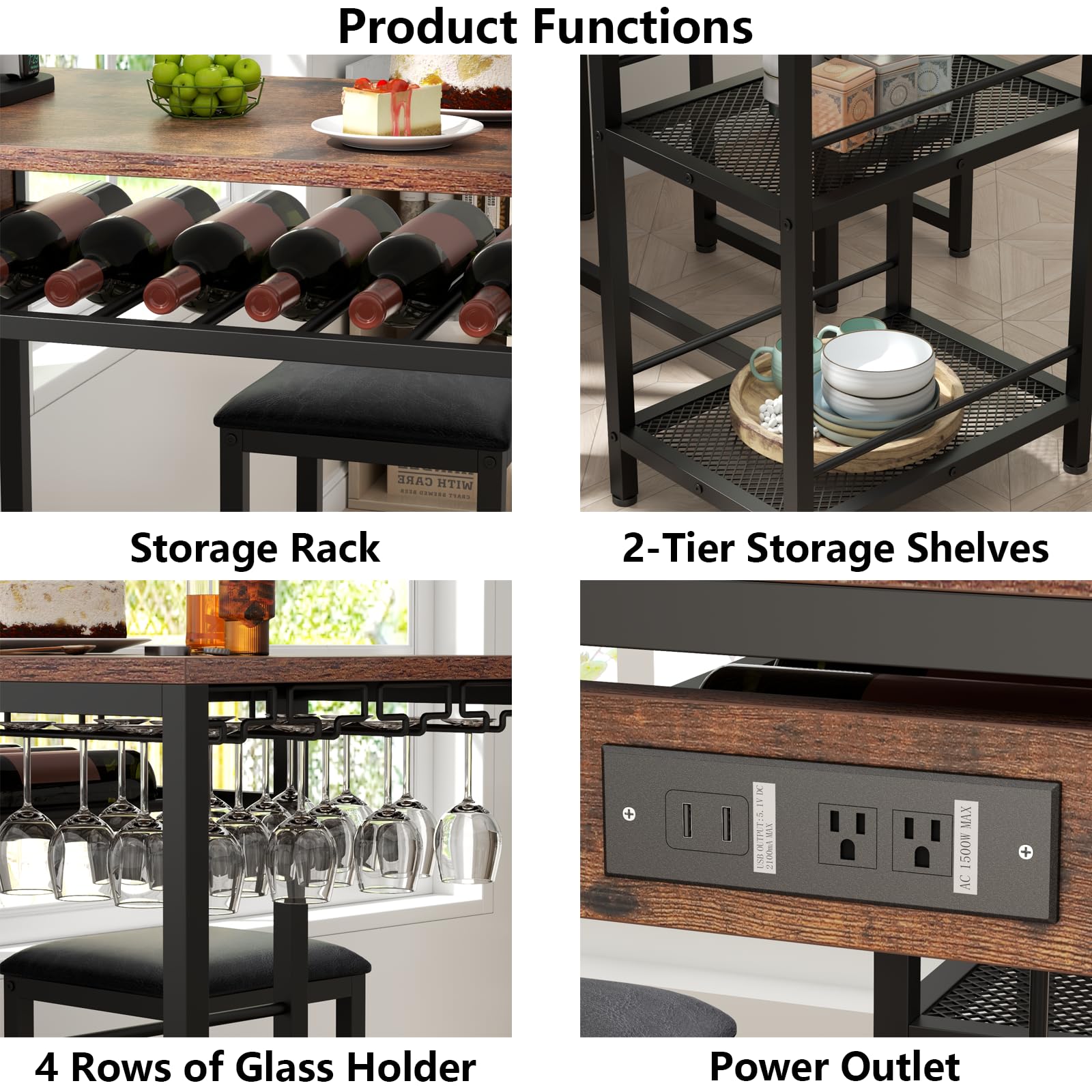 Rustic Bar Table and Chairs Set with Power Outlet, 3-Piece Pub Table Set for 2 with Storage Shelves, Wine Rack & Glass Holder - Perfect for Living Room, Dining Room, Small Apartment, and Outdoor Patio