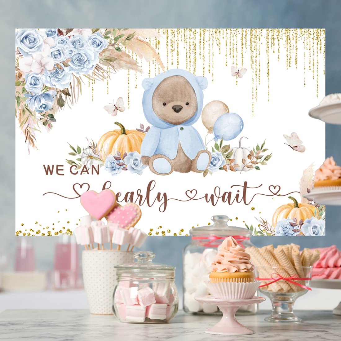 Lofaris Boho Bear Baby Shower Backdrop - Blue Floral 'We Can Bearly Wait' Theme - 5x3ft Photography Background for Baby Boy Showers, Gender Reveals & Nursery Decor with Pampas Grass Design