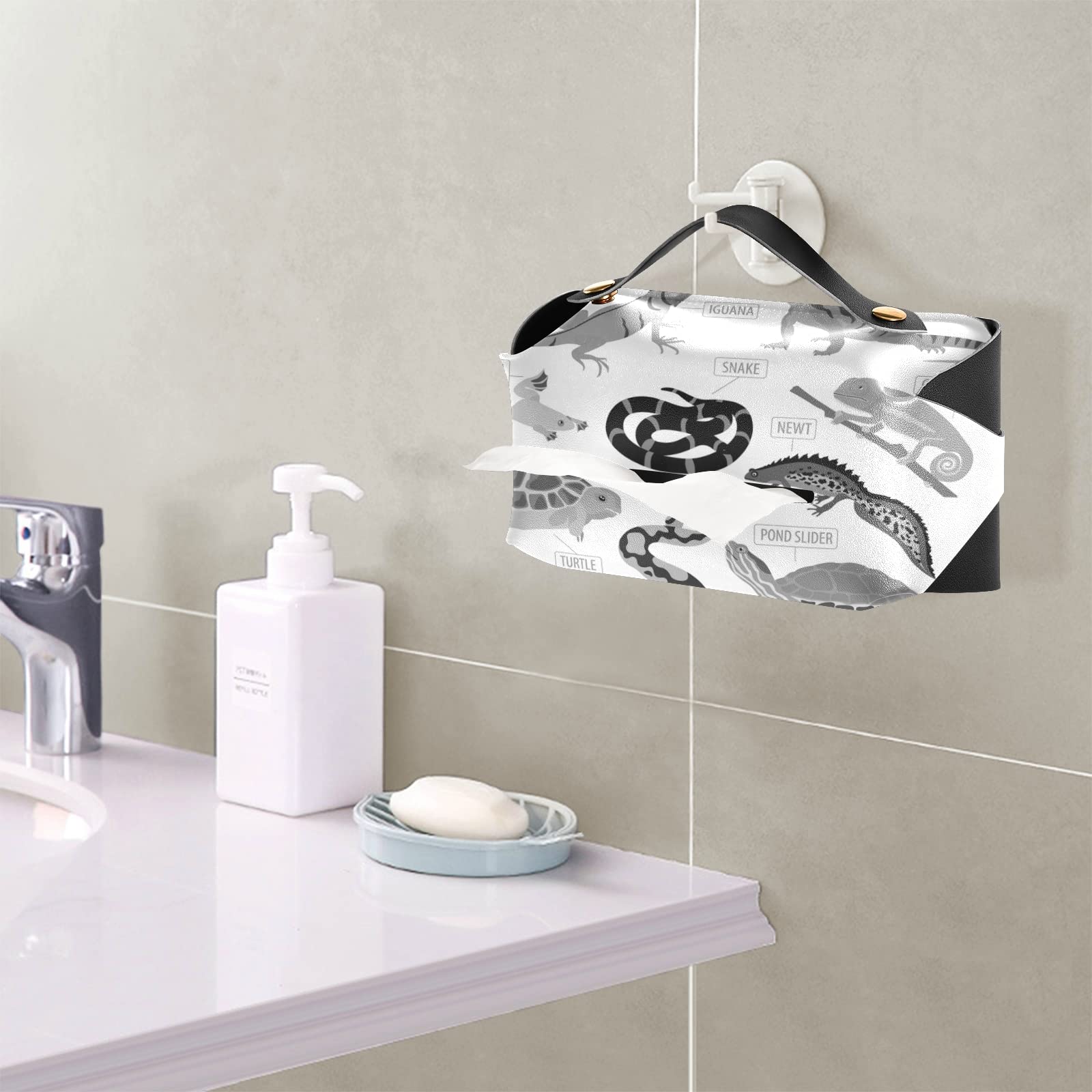 Premium Black & Grey Leather Tissue Box Cover for Reptile Pets (Frog, Iguana, Lizard, Snake, Turtle) - 9.4x5.1x3.6 Inch Rectangle Design with Handle - Perfect for Bathroom, Home, Office Desk, Nightstand, Vanity & Car