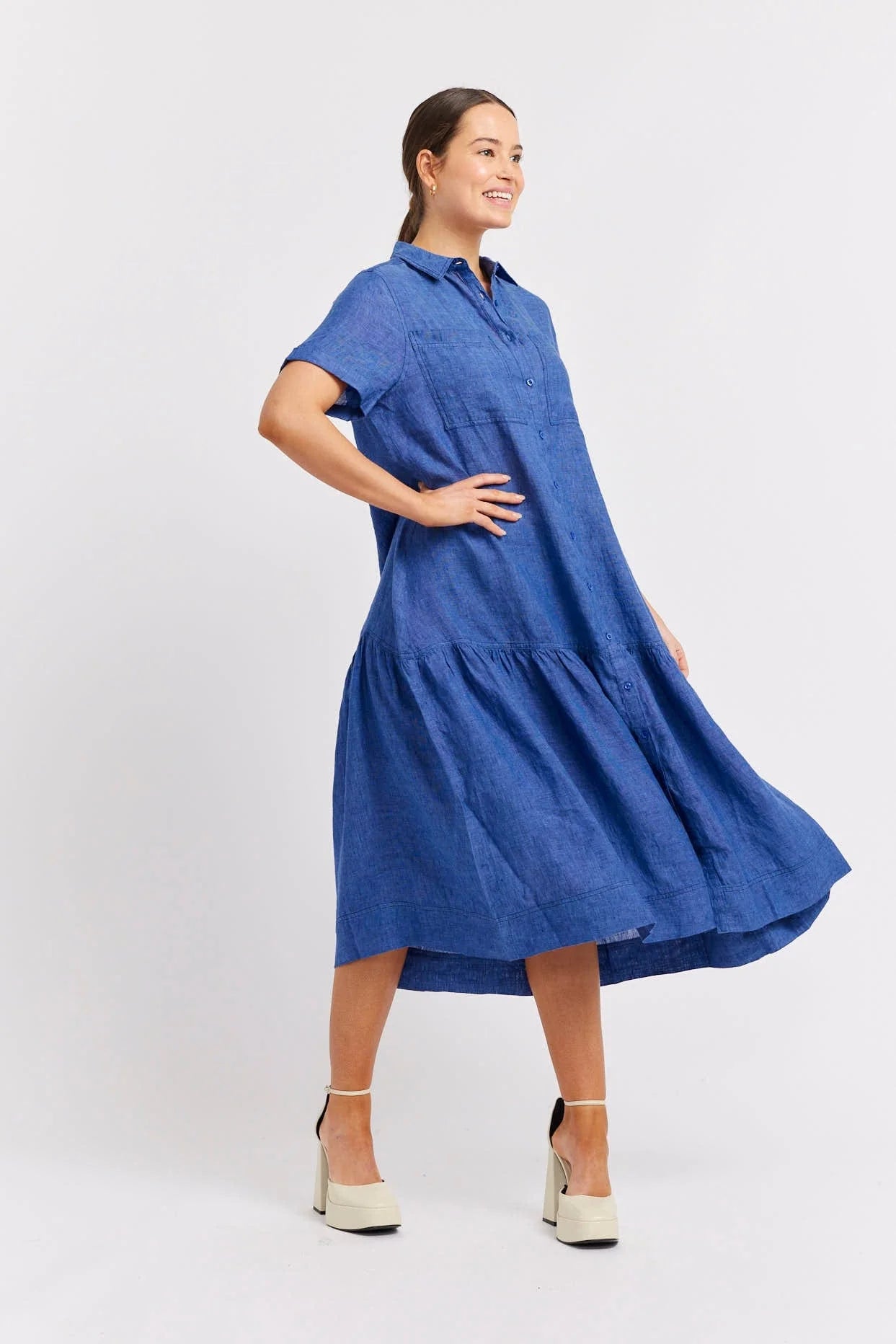 DORA Women's Linen Dress in Denim Blue - Breathable Summer Casual Maxi Dress for Beach, Vacation & Everyday Wear