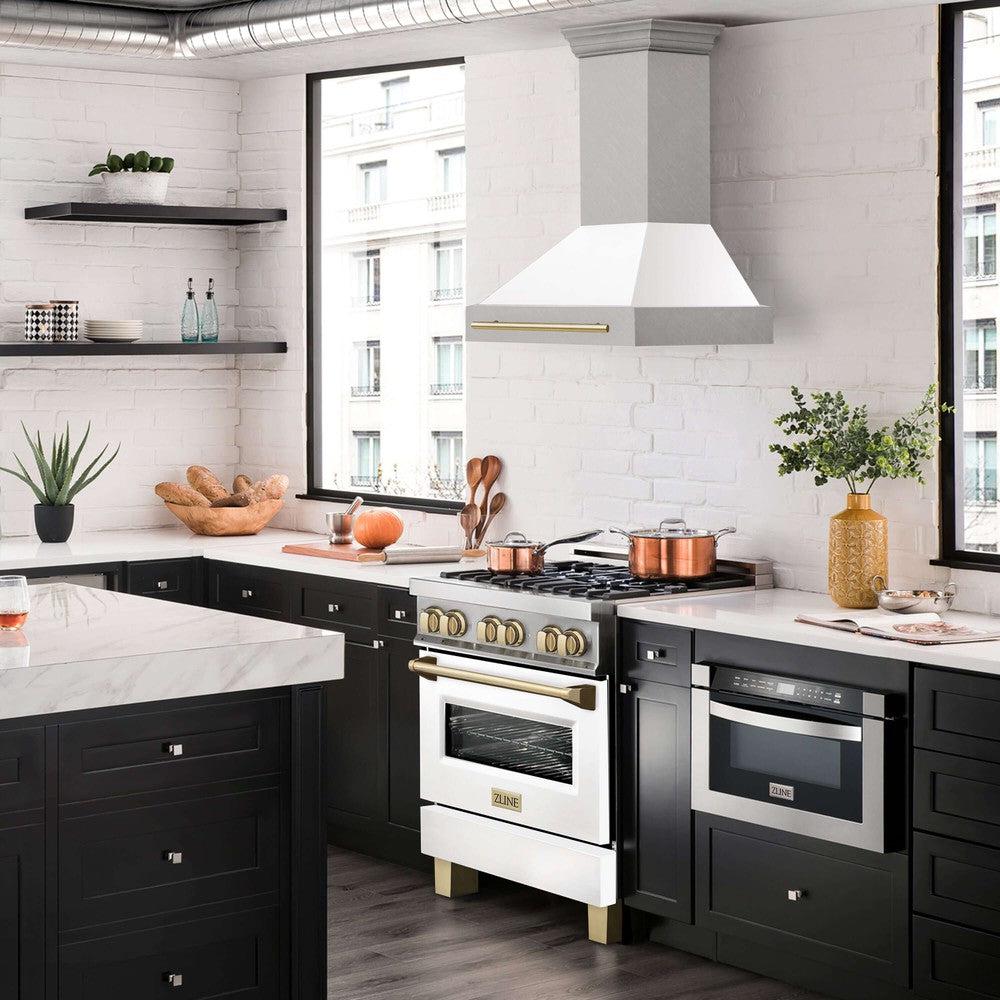 ZLINE Autograph Edition 30 Inch Stainless Steel Wall Mount Range Hood - White Matte Shell with Accent Handle (Model 8654SNZ WM30) | Professional Kitchen Ventilation for Modern Homes
