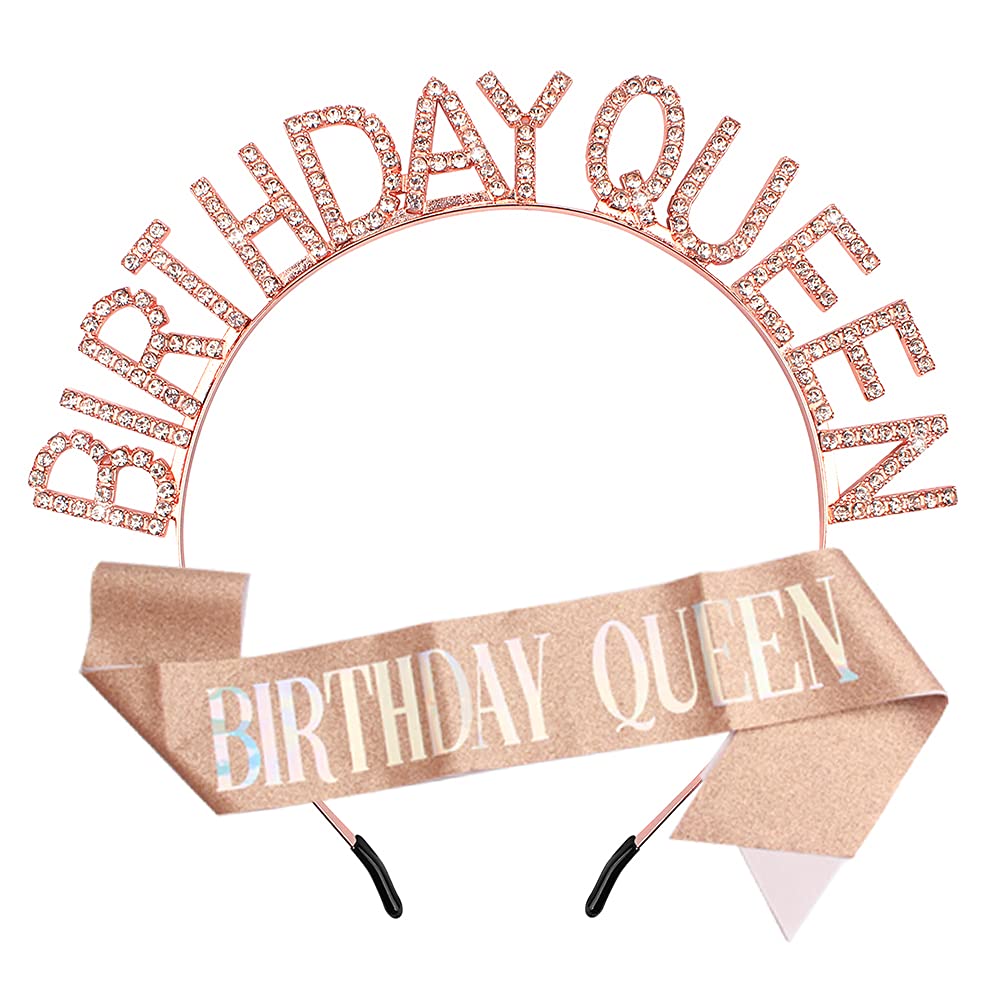 Rose Gold Birthday Queen Crown & Sash Set for Women & Girls - Sparkling Rhinestone Tiara Headband with 'Happy Birthday' Accessories - Perfect for Birthday Parties, Princess Themes & Special Celebrations