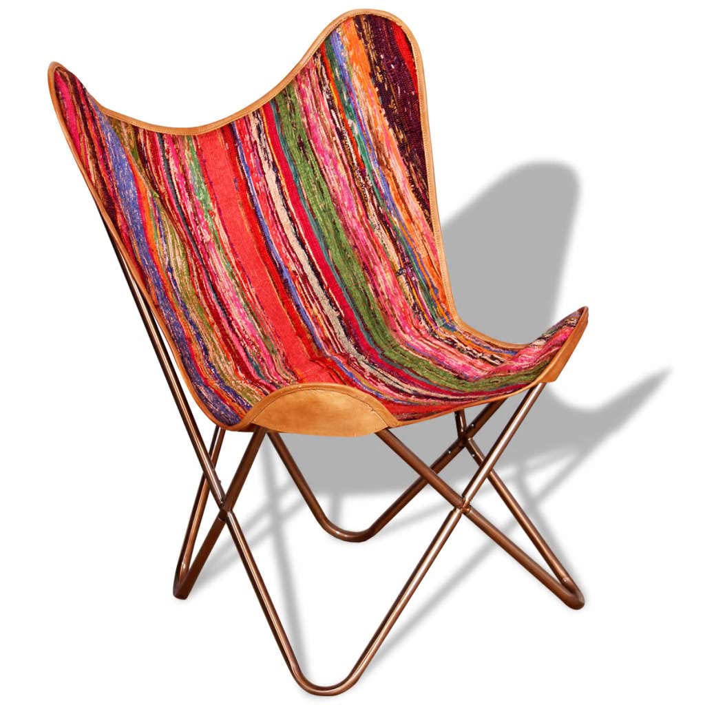 Vintage Leather Butterfly Chair with Hand Stitch Detail - Comfortable Lounge Chair for Living Room, Bedroom & Patio - Multicolor Chindi Fabric Accent - Perfect for Relaxing, Reading & Decorating Your Space