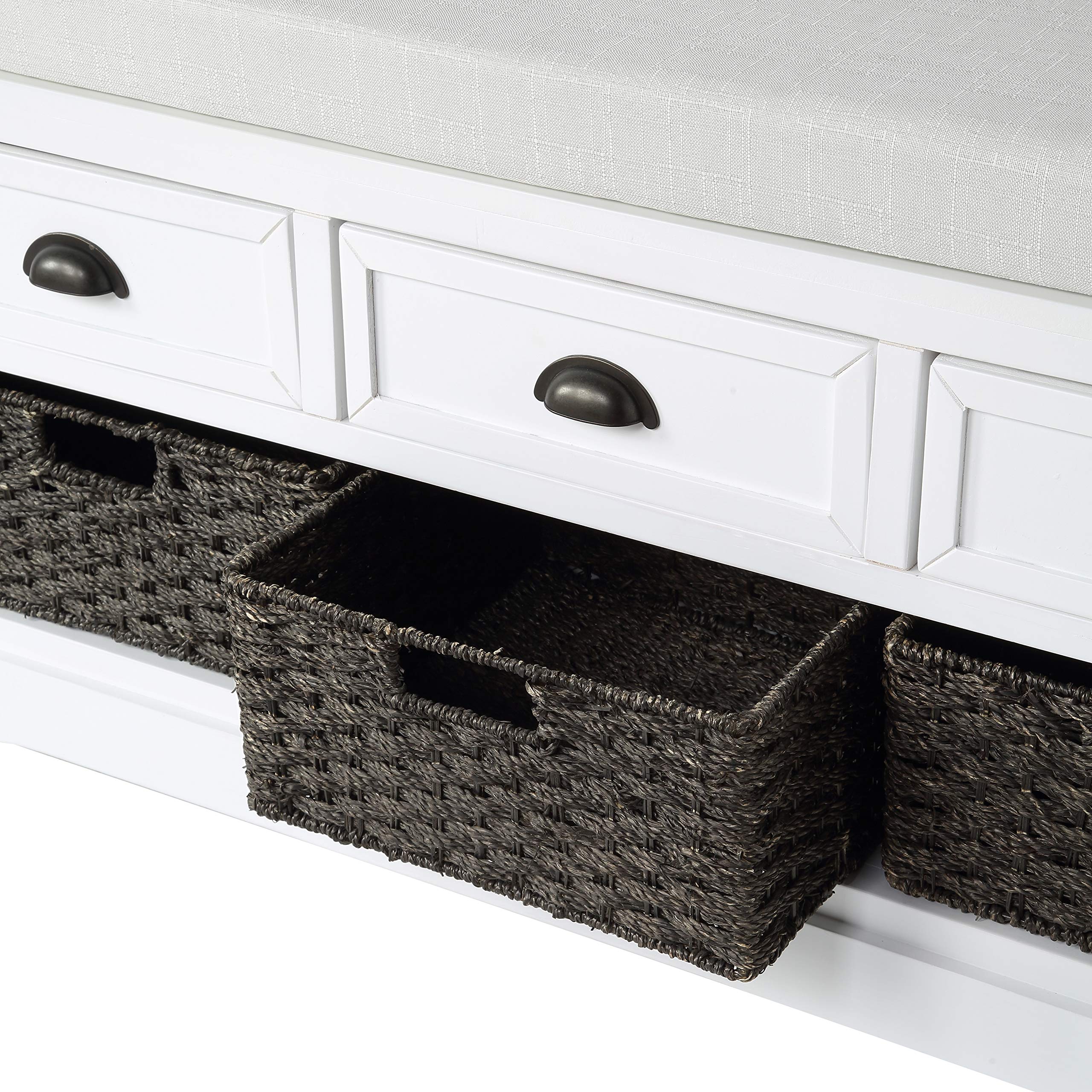 Wooden Storage Bench with 3 Drawers & Wicker Baskets - Entryway Shoe Bench with Removable Cushion for Hallway, Living Room, Bedroom - White Home Furniture for Organizing Shoes, Blankets & Home Decor