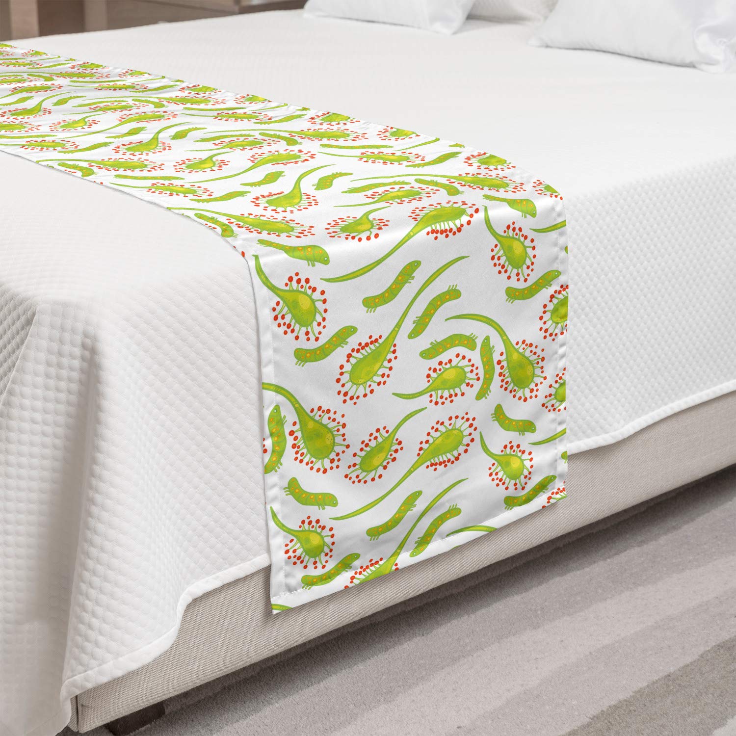 Ambesonne Foliage Bed Runner - Sundew Plant & Larva Doodle Carnivorous Plant Design, Decorative Bed Scarf for Queen King Beds, Apple Green Vermilion - Perfect for Hotel Rooms, Home Decor & Guest Bedrooms