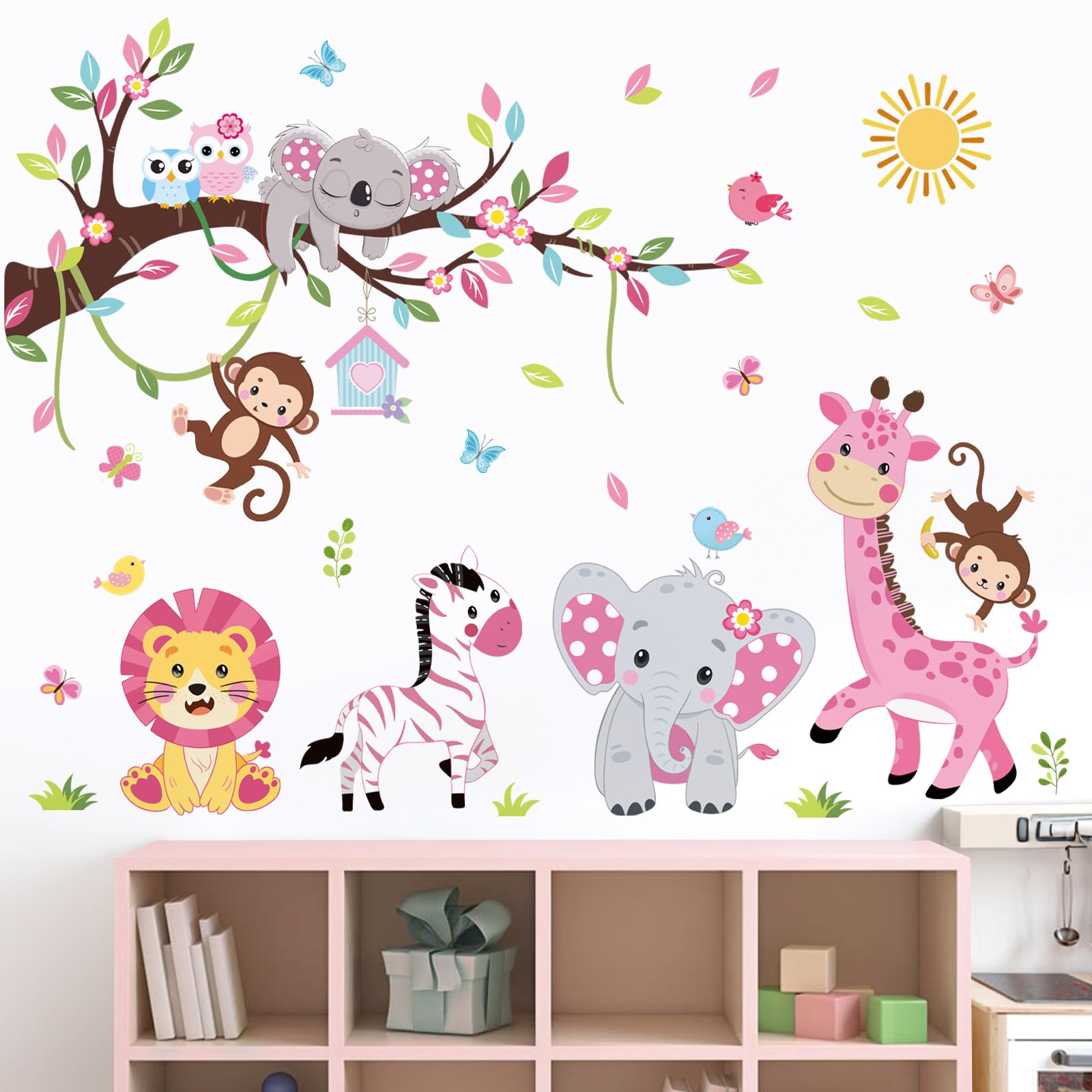 Wondever Pink Animal Tree Branch Wall Decals - Forest Elephant Lion Giraffe Wall Art Stickers for Kids Room, Nursery, Toddler Baby Girl Bedroom Decor - Perfect for Jungle Themed Nursery, Playroom & Children's Birthday Party Decorations