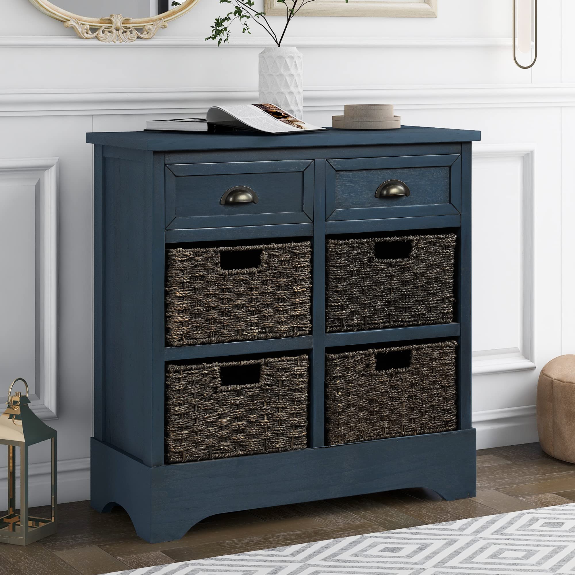 Antique Navy Console Table Sideboard Buffet with 2 Drawers & 4 Wicker Baskets - Storage Cabinet for Kitchen, Living Room & Dining Room - Perfect for Home Decor, Entryway Organization & Farmhouse Style Accent Furniture