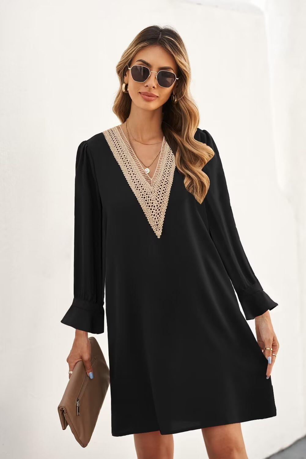QACOHU Women's V-Neck Ruffle Long Sleeve Flowy Shift Dress - Casual Loose Fit for Spring Summer & Autumn Winter | Perfect for Office, Date Night & Weekend Outings
