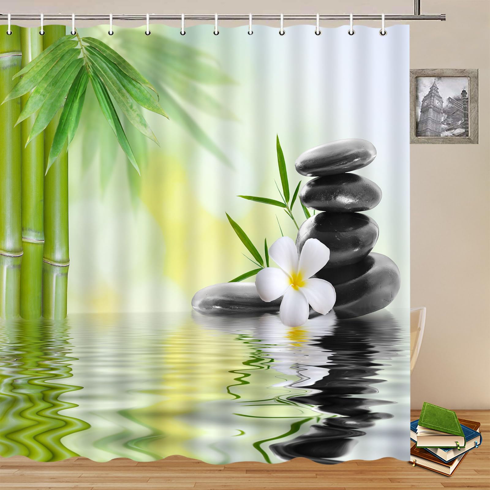 Zen Garden Shower Curtain Set - Spa Green Bamboo & Black Stone Design with White Flowers | 70x70 Inch Machine Washable Polyester Fabric with Hooks | Perfect for Bathroom Decor, Relaxing Spa Atmosphere & Asian-Inspired Home Décor