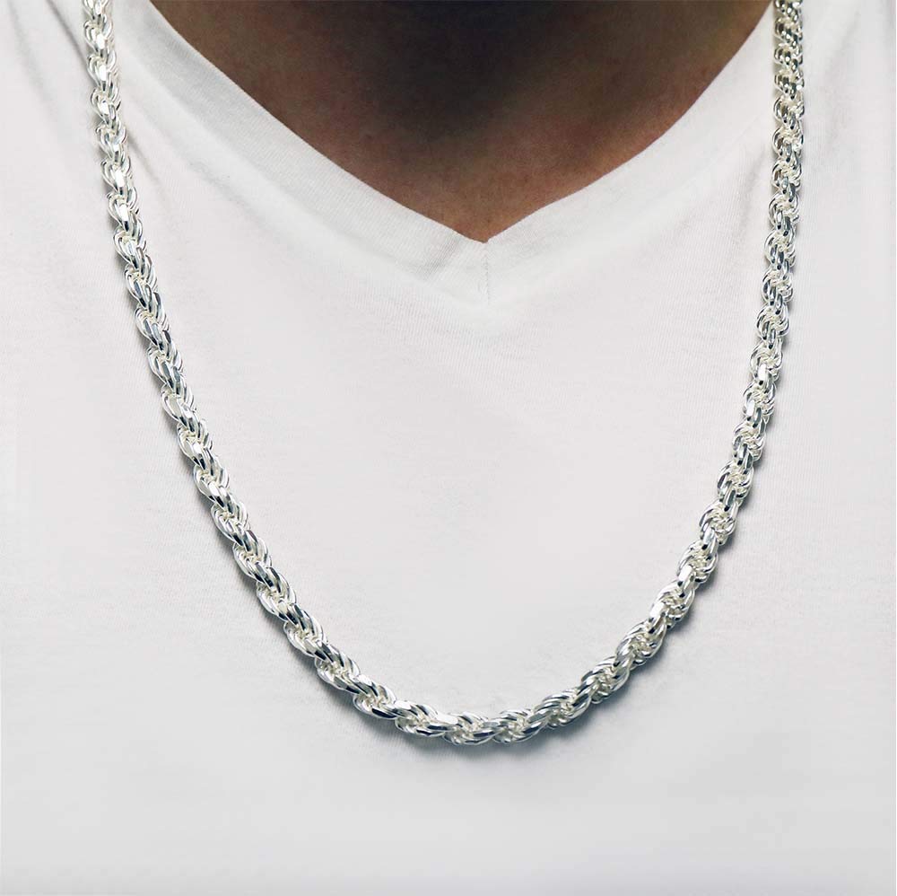 925 Sterling Silver Diamond Cut Rope Chain Necklace for Men - 5MM, 6MM, 7.5MM, 8.5MM Thickness - Italian Made Mens Rope Chain & Bracelet - Perfect for Gifts, Weddings, and Everyday Luxury Wear