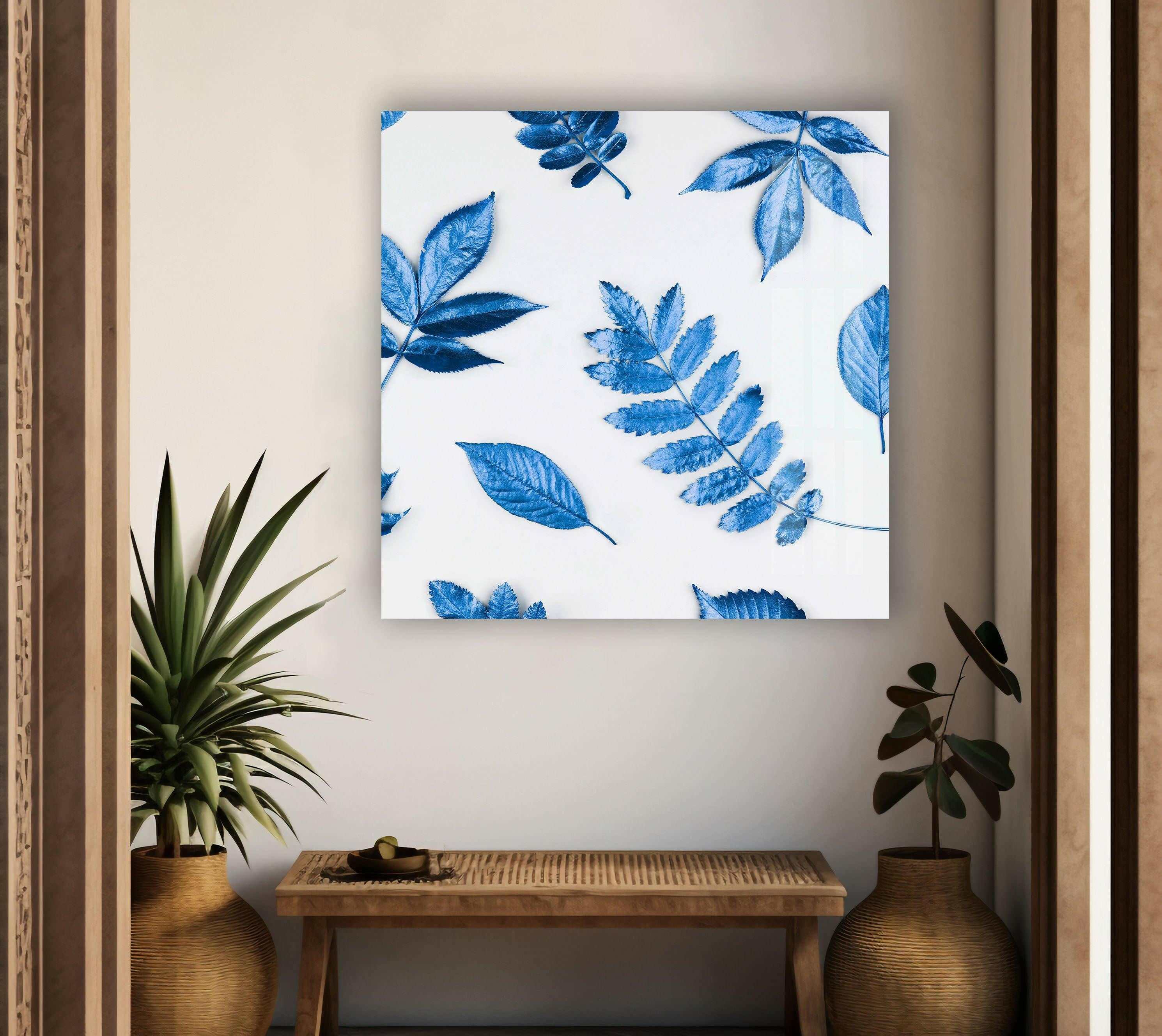 Blue Leaves Glass Wall Art - Handmade Stained Glass Decor for Home & Office - Perfect for Living Room, Bedroom, and Window Decorations