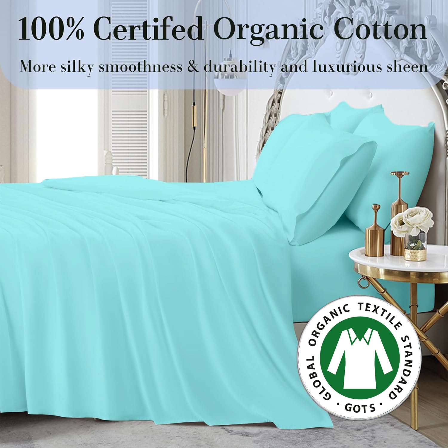 4-Piece King Size Sheet Set - 100% Organic Cotton, 800 Thread Count, Ultra Soft & Breathable, Luxury 8-12