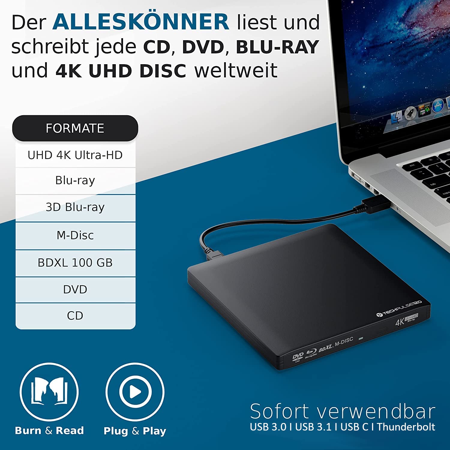 techPulse120 USB 3.1 Type-C External UHD HDR 4K 3D Blu-ray Burner Drive - Supports BDXL, M-Disc, DVD & CD - Compatible with Windows/Mac, PC, Laptop, iMac (Aluminum Black) - Perfect for Home Theater, Media Backup & Professional Video Editing