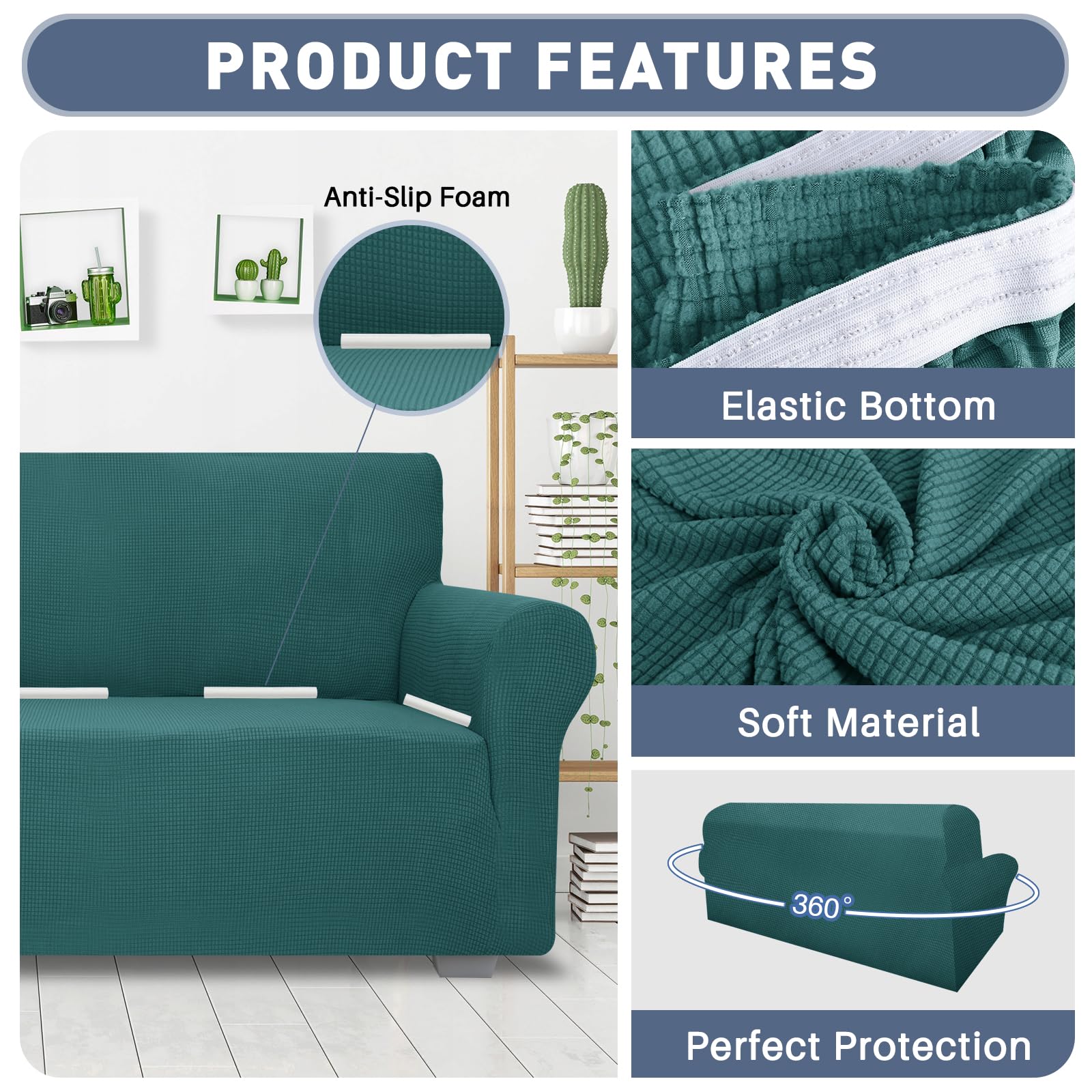 JIVINER Stretchable Jacquard Sofa Cover - 3 Cushion 1-Piece Elastic Slipcover with Anti-Slip Bottom, Furniture Protector for Pets & Kids - Perfect for Living Room, Family Room (Blackish Green)