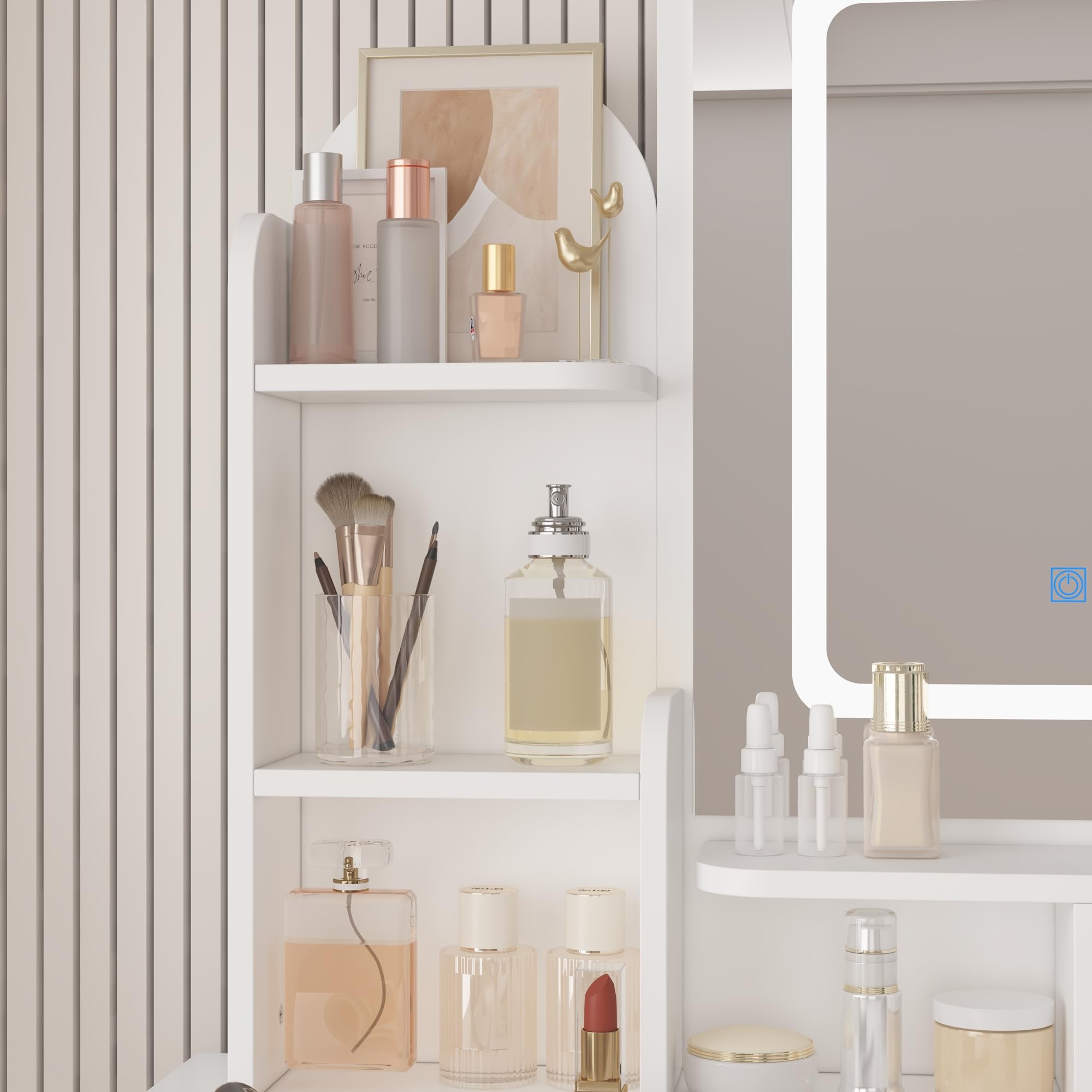 AIEGLE LED Lighted Vanity Desk Set with Rectangular Mirror - 3 Color Adjustable Makeup Dressing Table with Open Shelves & Cushioned Stool (White) | Perfect for Bedroom, Dorm Room & Beauty Salon