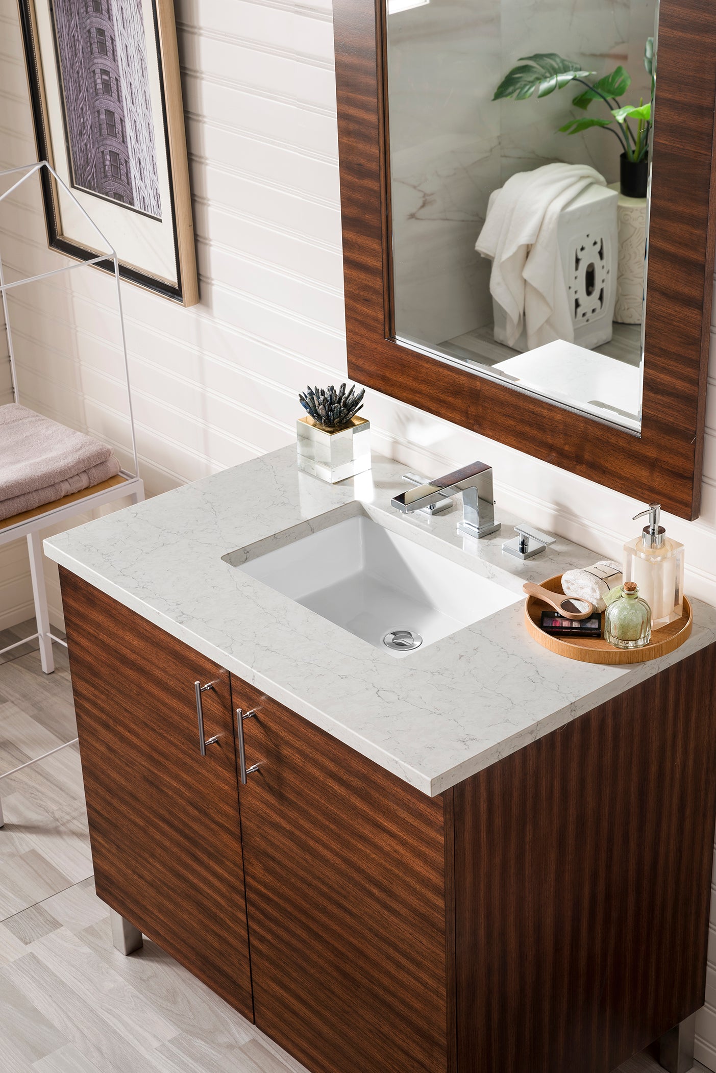 Metropolitan 36 Inch Single Bathroom Vanity with American Walnut Finish & 3CM Eternal Jasmine Pearl Quartz Countertop - Perfect for Modern Master Bathrooms & Powder Rooms