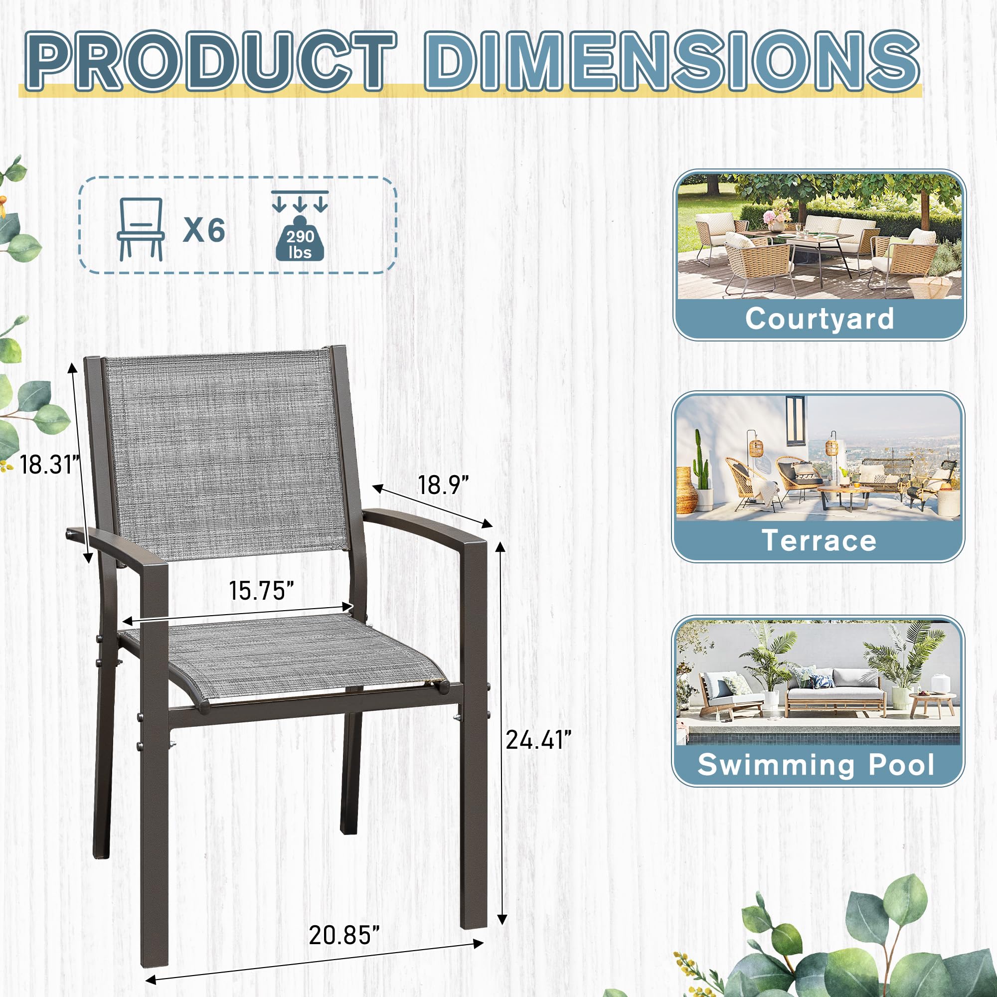Rankok 6-Piece Stackable Patio Dining Chairs Set - Heavy Duty 290 lbs Capacity Outdoor Textilene Chairs with Armrests for Backyard, Garden, Pool & Lawn - Weather Resistant Grey Furniture (Perfect for Outdoor Entertaining, BBQ Parties & Relaxing by the Pool)