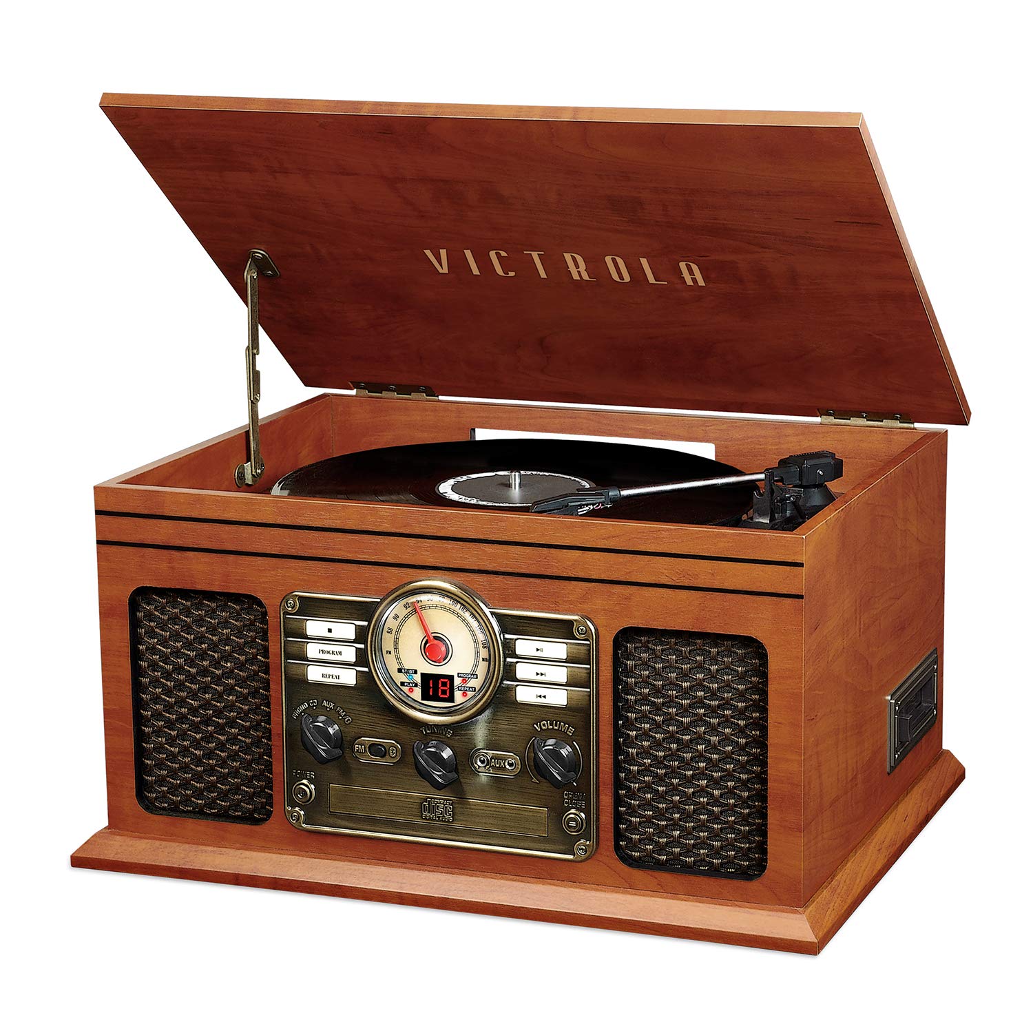 Victrola Nostalgic 7-in-1 Bluetooth Record Player with Built-in Speakers | 3-Speed Turntable, CD & Cassette Player, AM/FM Radio | Wireless Music Streaming | Mahogany Finish | Perfect for Home Entertainment, Vinyl Collection & Retro Music Lovers