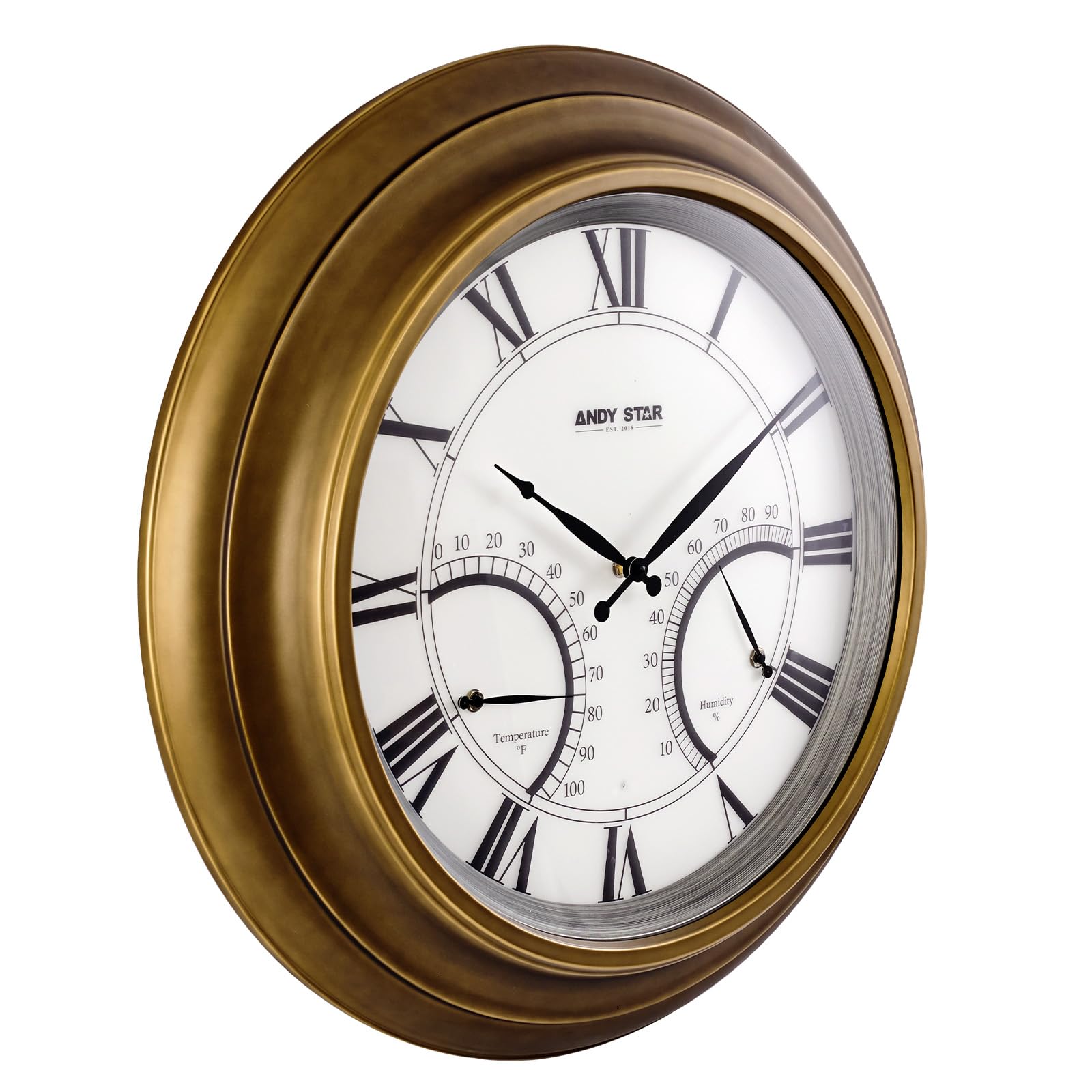 24 Inch Large Outdoor Wall Clock with Thermometer - Waterproof, Illuminated, Non-Ticking Metal Clock for Patio, Garden & Backyard - Battery Operated, Gold Finish - Perfect Housewarming Gift & Outdoor Decor