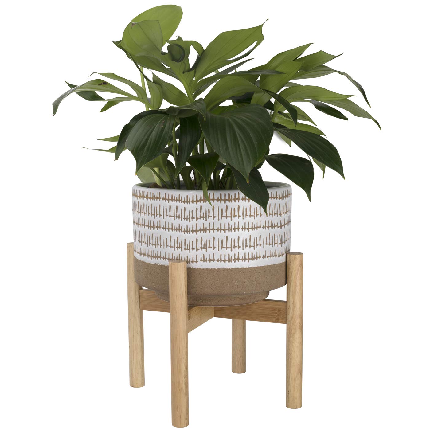 9.4 Inch Large Ceramic Plant Pot with Stand - Modern Cylinder Indoor Planter with Drainage Hole for Snake Plants, Fiddle Leaf Fig, Succulents & Artificial Plants | Sandy Beige & White | Perfect for Home Decor, Office & Living Room