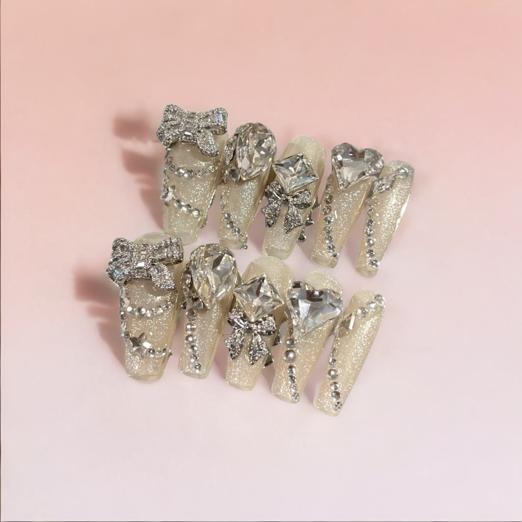 3D Press On Nails - Glossy Jelly Glam False Nails with Sticky Glue - Perfect for Parties, Weddings & Special Occasions