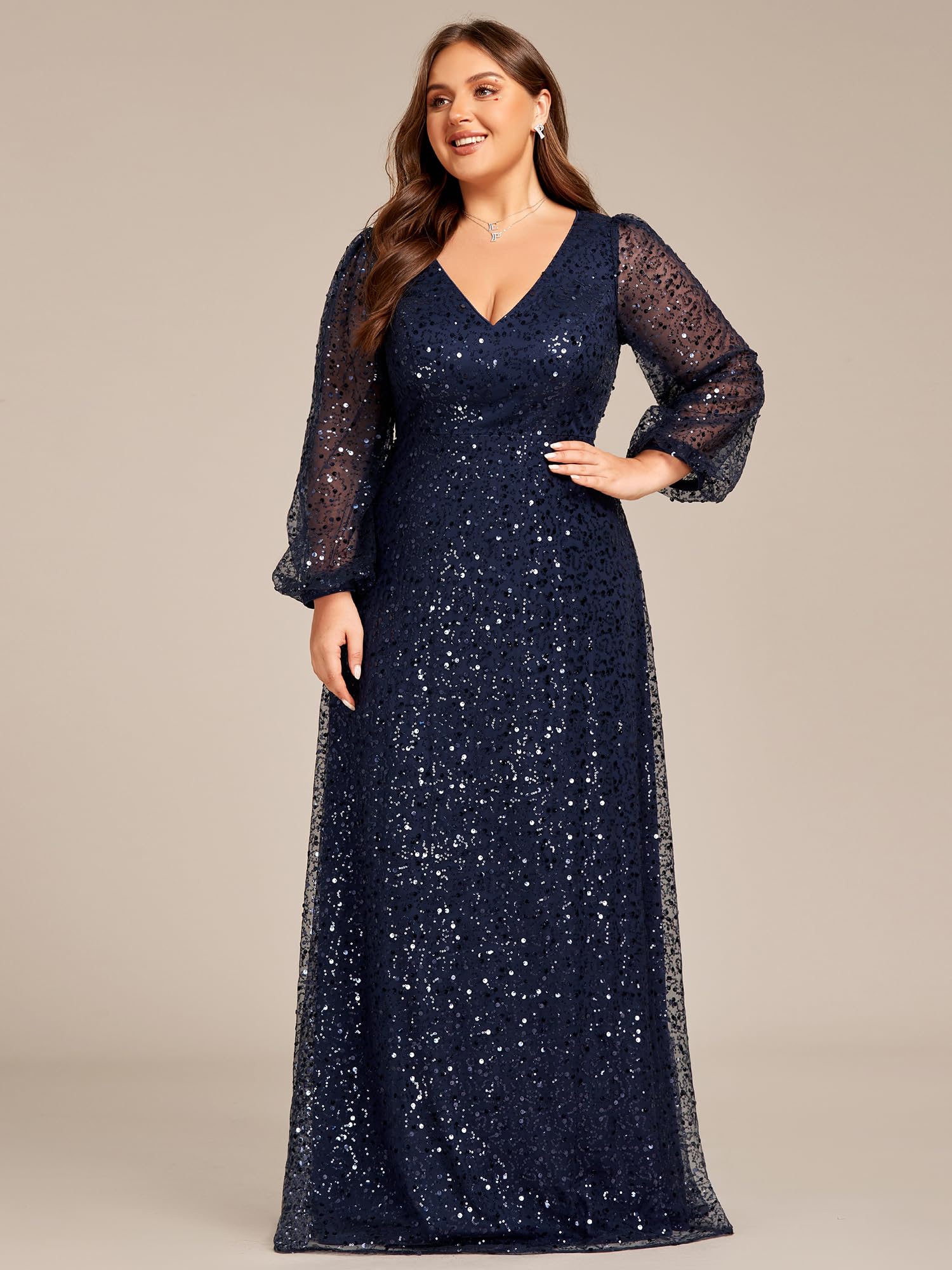 Ever-Pretty Women's Plus Size A-Line Sequin Formal Dress with V-Neck & Sheer Long Sleeves - Elegant Evening Gown for Prom, Wedding, Party & Special Occasions