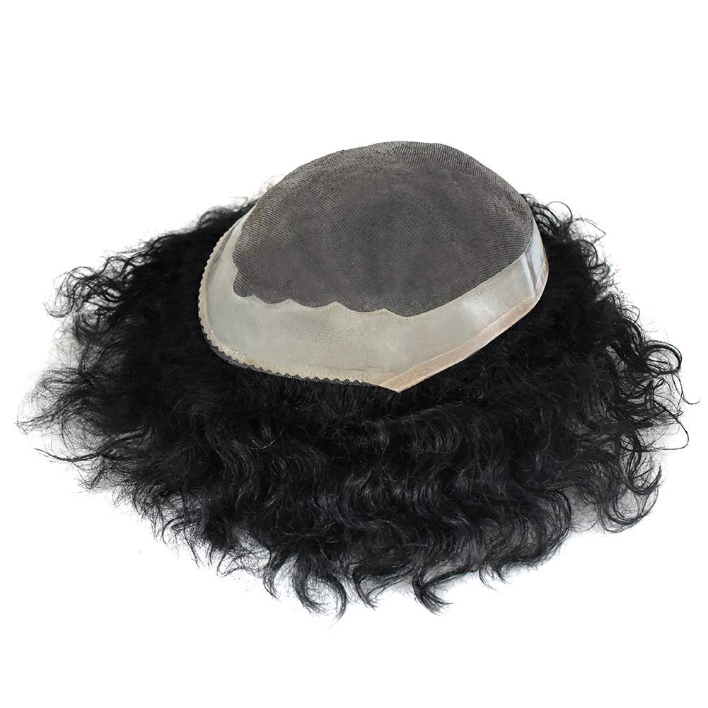 Men's Black Human Hair Toupee - Curly Wavy Monofilament Hairpiece with Poly Skin NPU Base | 20MM Wave 6