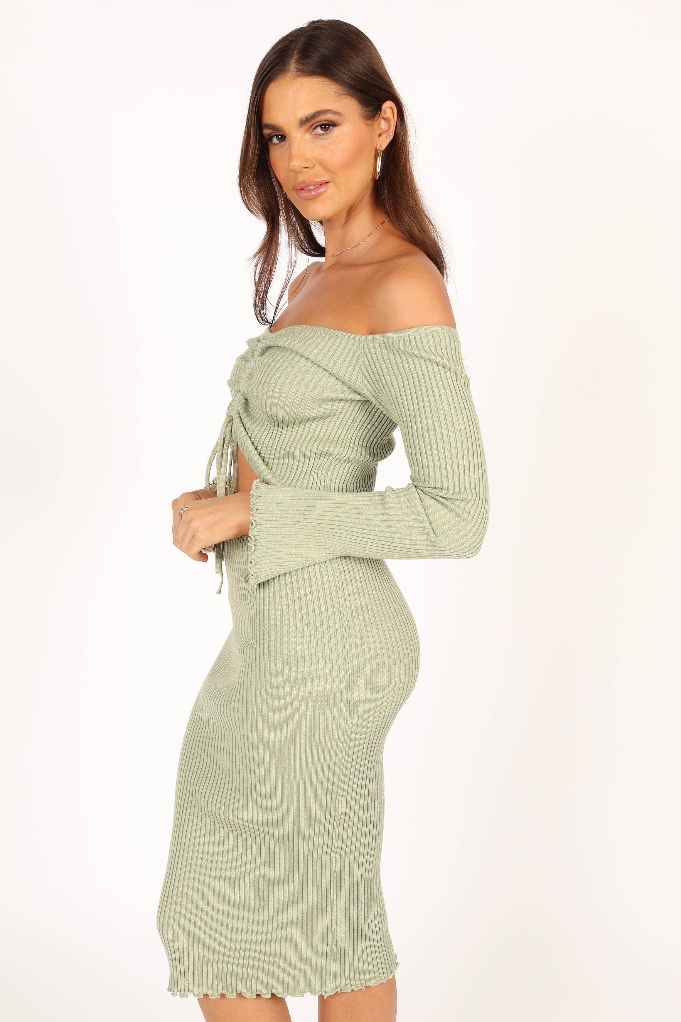 Geneva Off Shoulder Midi Dress in Sage Green - Flowy Summer Dress for Beach, Wedding & Date Night