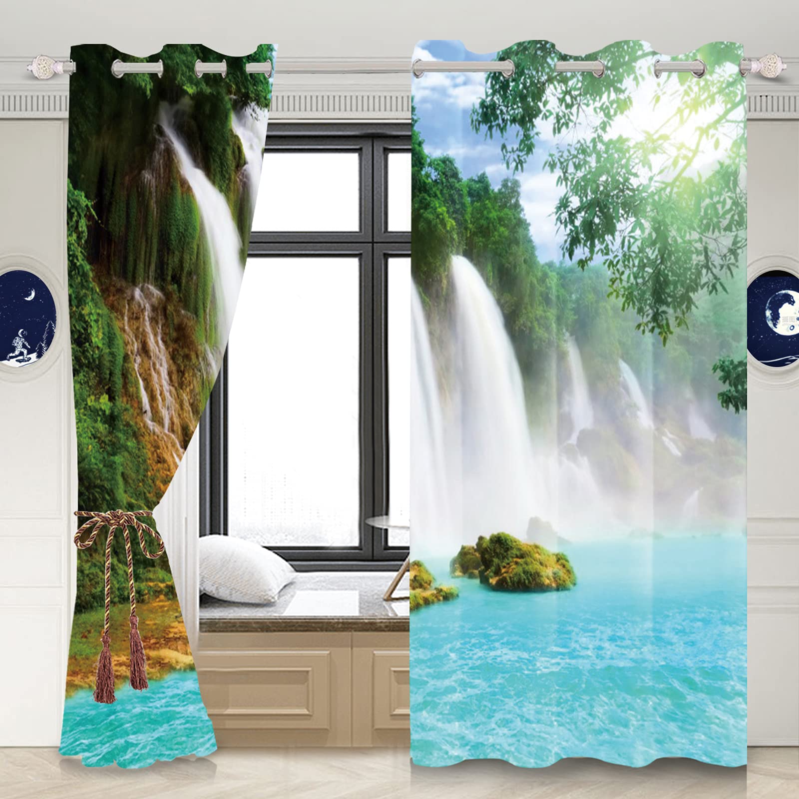 Blackout Window Curtains 53x96 Inch 2 Panels - Waterfall Lake & Tropical Rainforest Scenery for Living Room, Bedroom, Kitchen | Darkening, Relaxing Fairyland Design | Perfect for Light Control & Home Decor