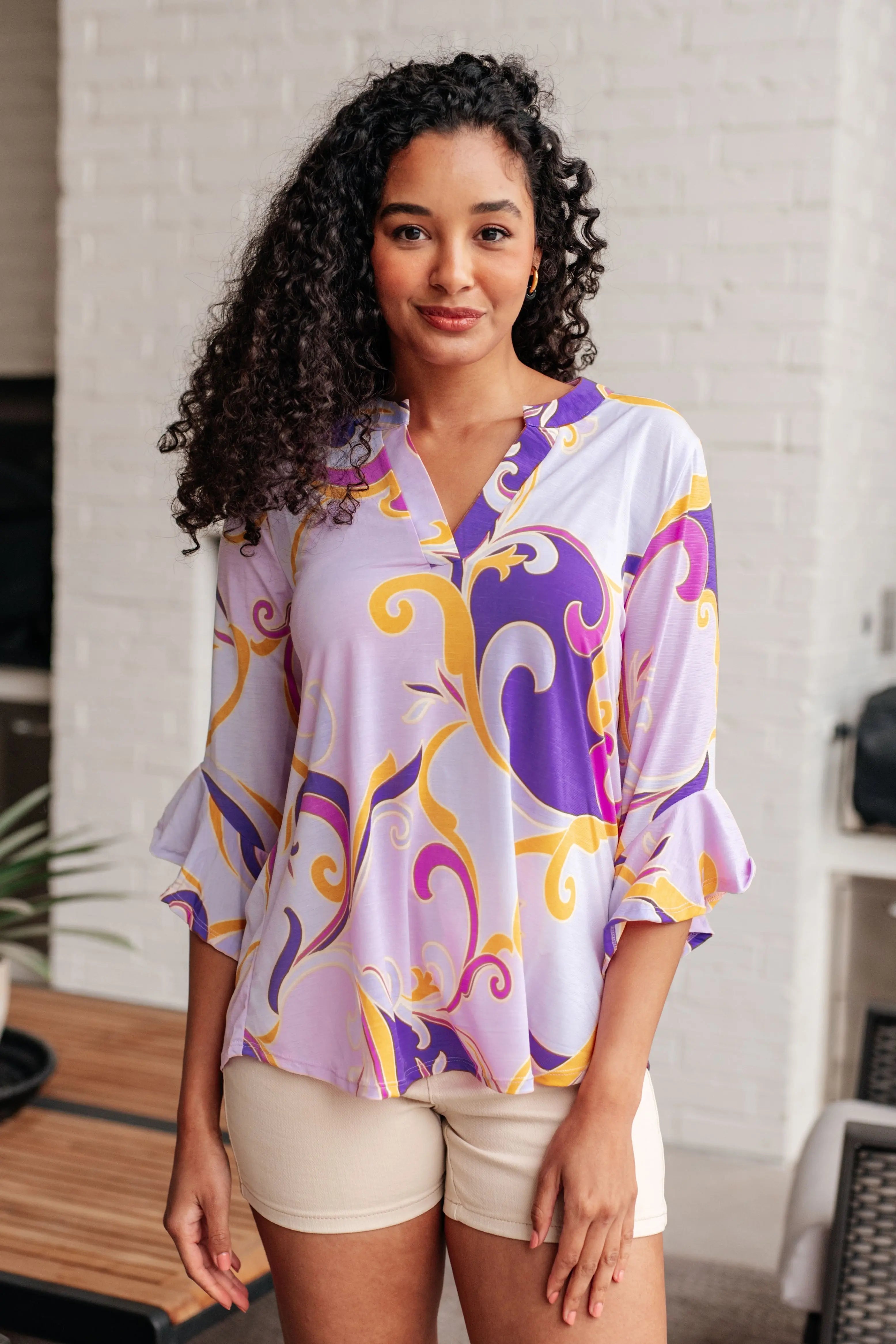 Lizzy Bell Sleeve Blouse - Elegant Regal Lavender & Gold Women's Top for Work, Party & Special Occasions