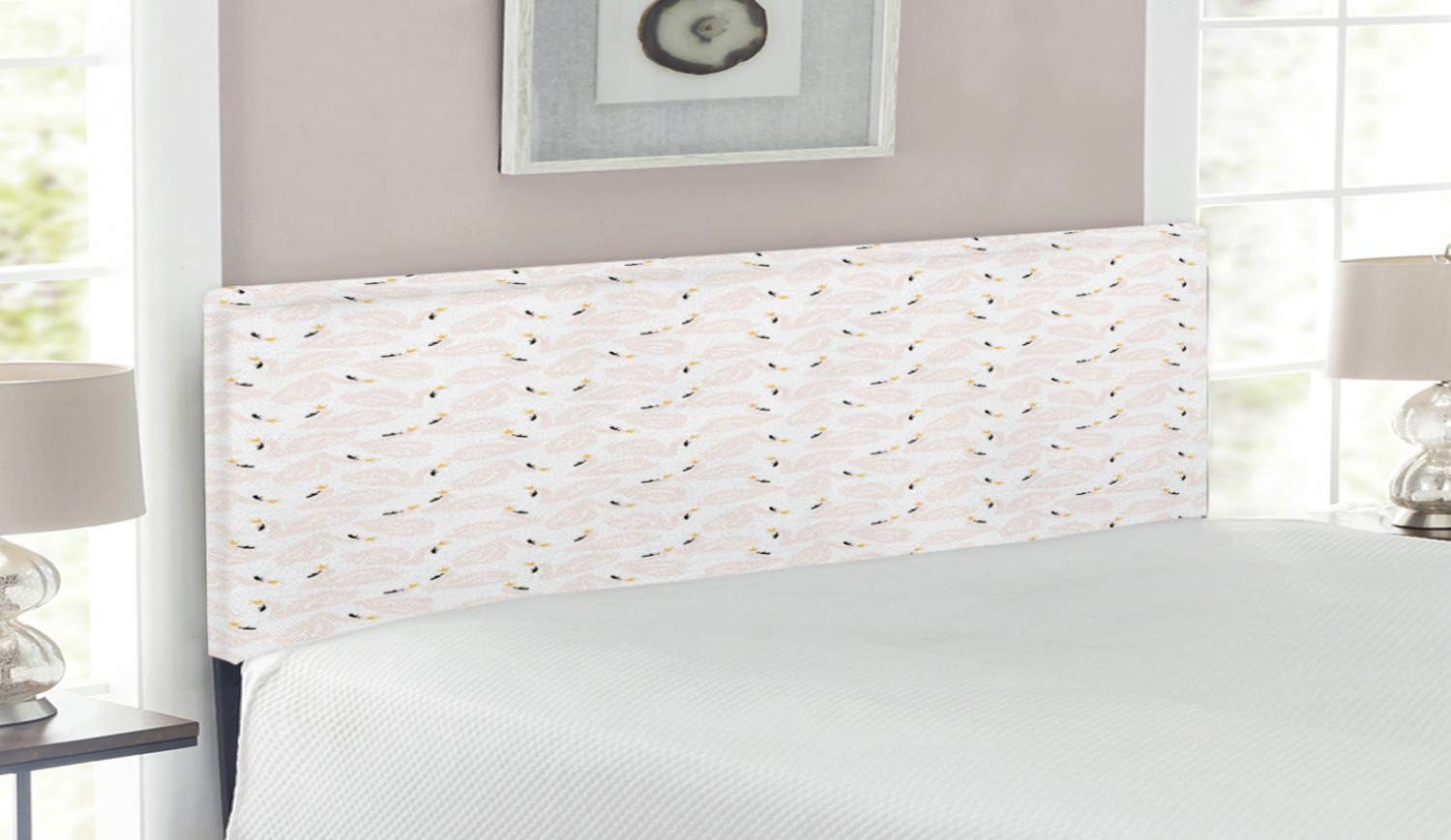 Ambesonne Swan Headboard - Doodle Style Pastel Cartoon Swan Design, Upholstered Decorative Metal Bed Frame with Memory Foam - Queen Size (Peach/Marigold/Black) | Perfect for Girls' Bedroom, Nursery Decor & Boho Chic Home Styling