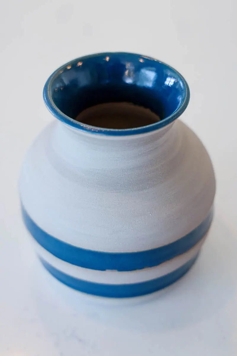Medium/Large Striped Cement Planter Pot with Navy Blue Stripes - Perfect for Indoor Plants, Succulents, and Home Garden Decor
