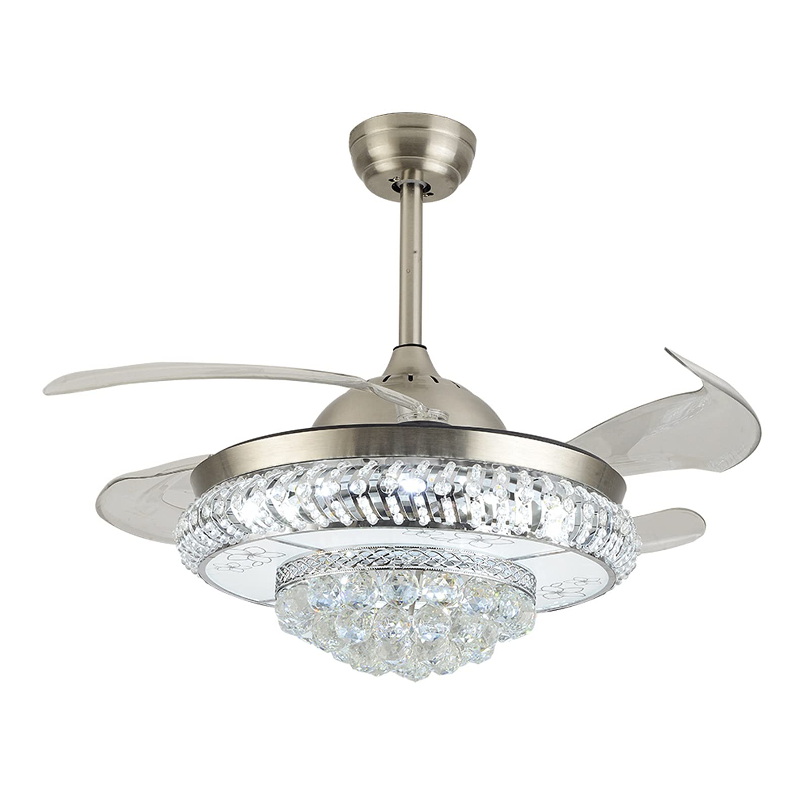 36 Inch Crystal Ceiling Fan with LED Light - Retractable Invisible Blades, Dimmable Chandelier Fan, 3 Speed & 3 Color Options for Bedroom, Living Room, Hotel, Restaurant - Perfect for Home Decor and Commercial Spaces