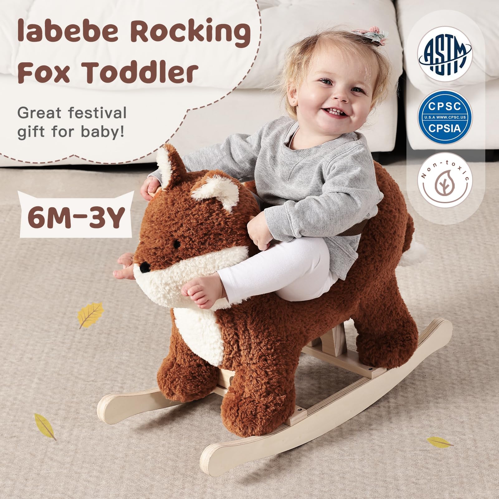 Labebe - Soft Plush Fox Rocking Horse with Safety Seat Belt for Babies & Toddlers 6M-3 Years | Brownish Red Animal Rocker Toy for Boys & Girls | Perfect Nursery Decor, First Birthday Gift & Indoor Play Activity