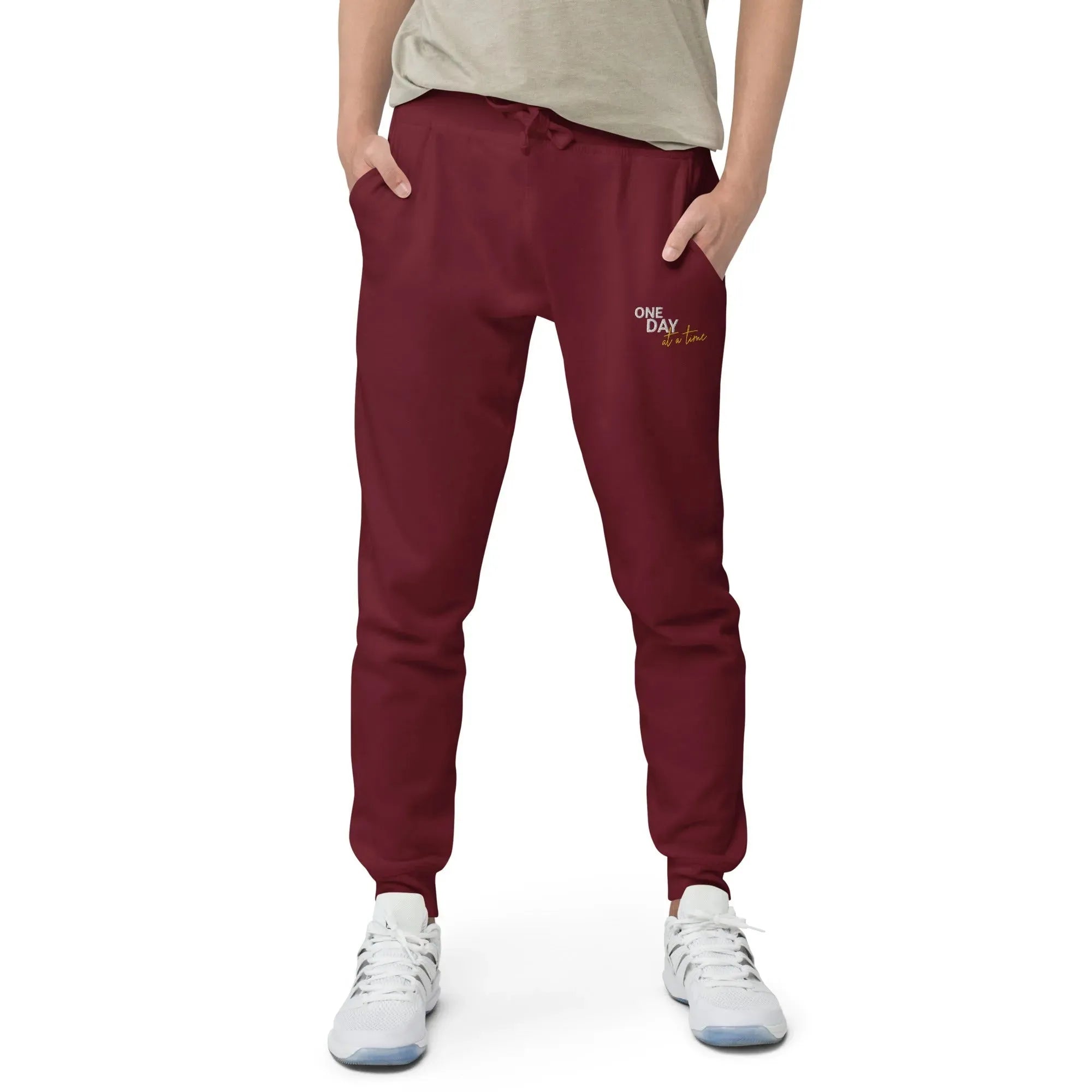 One Day At A Time Embroidered Unisex Fleece Sweatpants - Cozy Loungewear for Relaxing at Home, Yoga, and Casual Outings