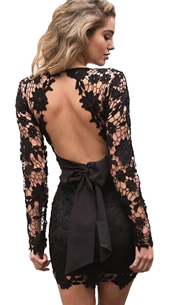 Delilah Open Back Bow Floral Crochet Lace Mini Dress - Black or Pink - Perfect for Summer Weddings, Beach Vacations & Date Nights
