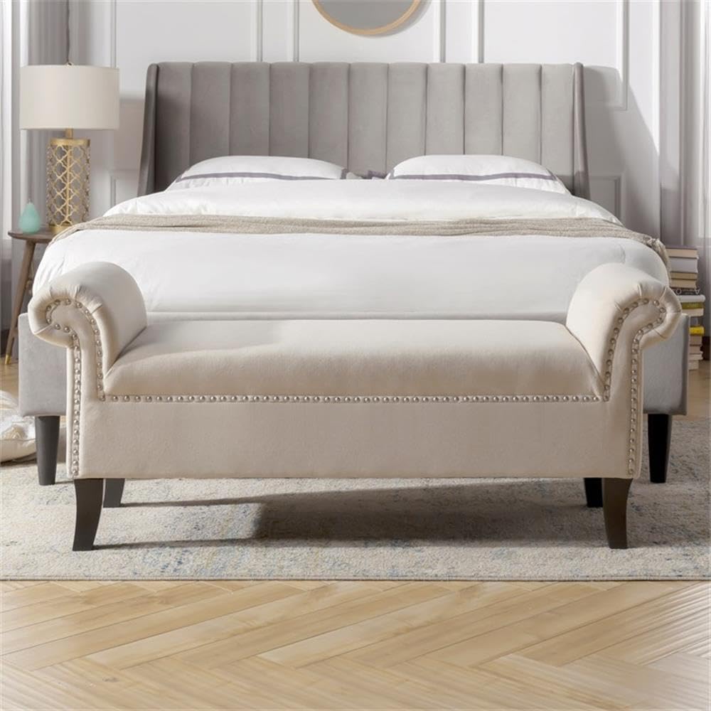 MAKLAINE Modern Roll Arm Entryway Accent Bench in Sky Neutral - Stylish Upholstered Storage Bench for Hallway, Living Room & Bedroom - Perfect for Small Space Decor & Extra Seating
