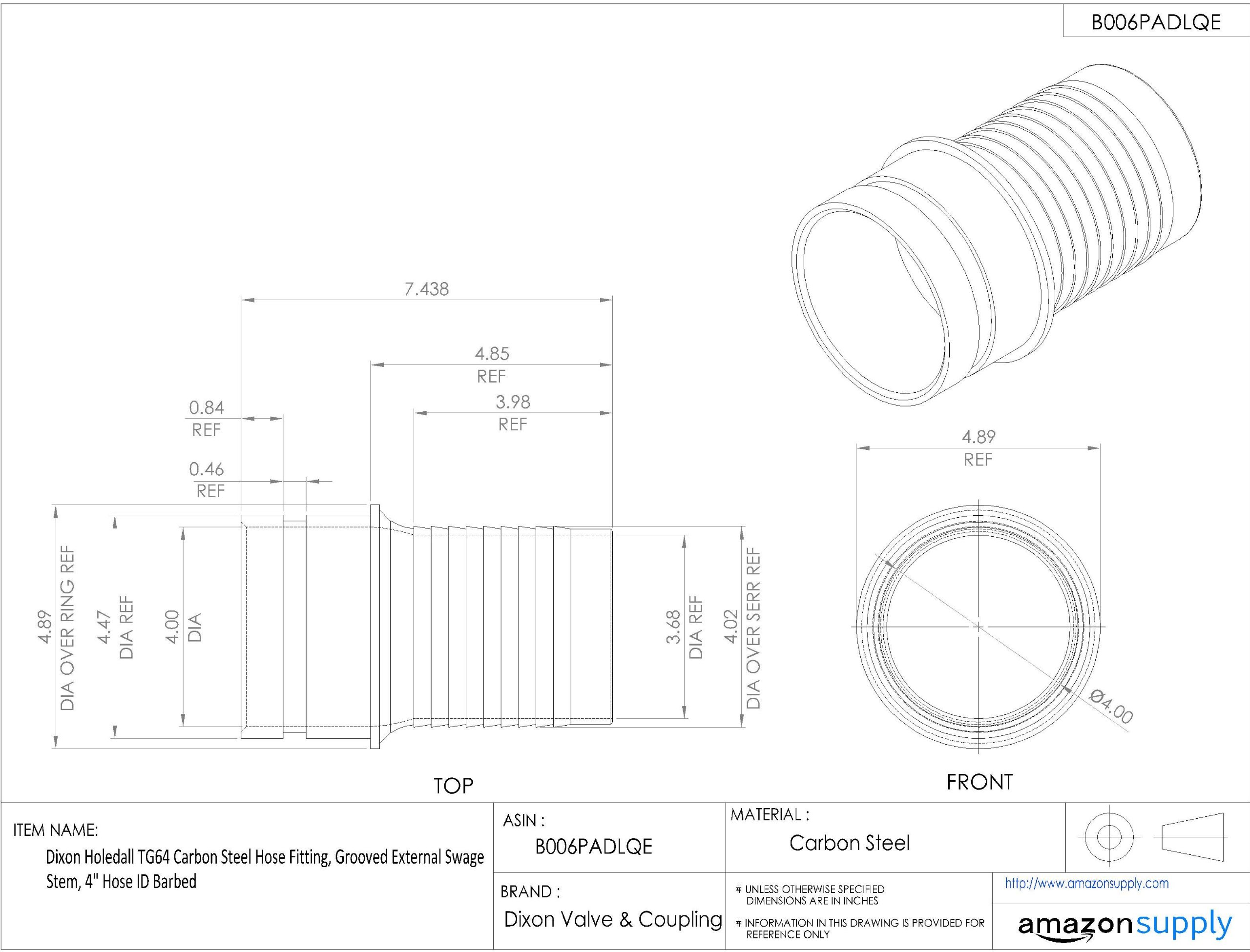 Dixon TG64 Carbon Steel Grooved External Swage Stem Hose Fitting - 4
