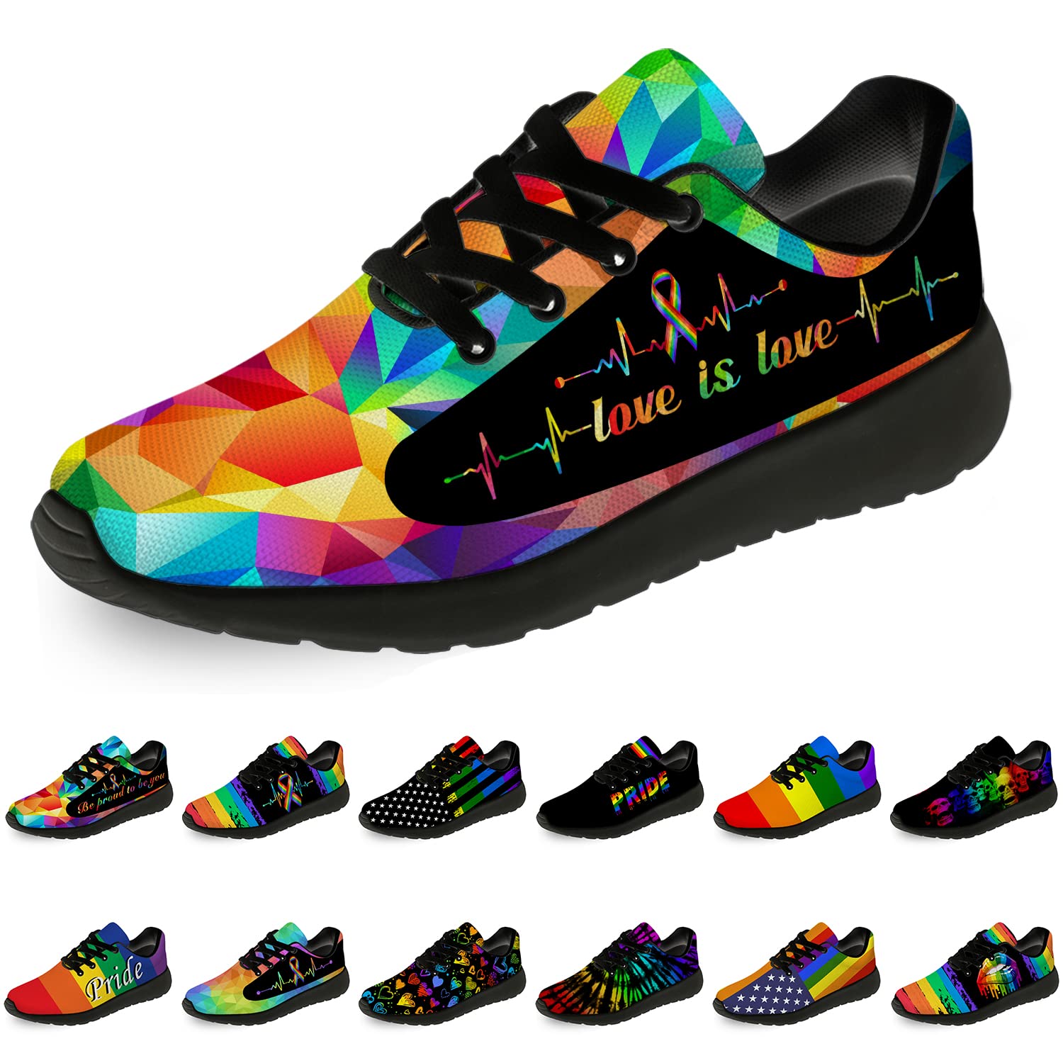 **Men's & Women's LGBT Pride Running Shoes - Rainbow Ribbon Sneakers for Walking, Tennis & Casual Wear - Size 10.5 Men/12 Women - Black & Multicolor - Perfect for Pride Parades, Workouts & LGBTQ+ Support**