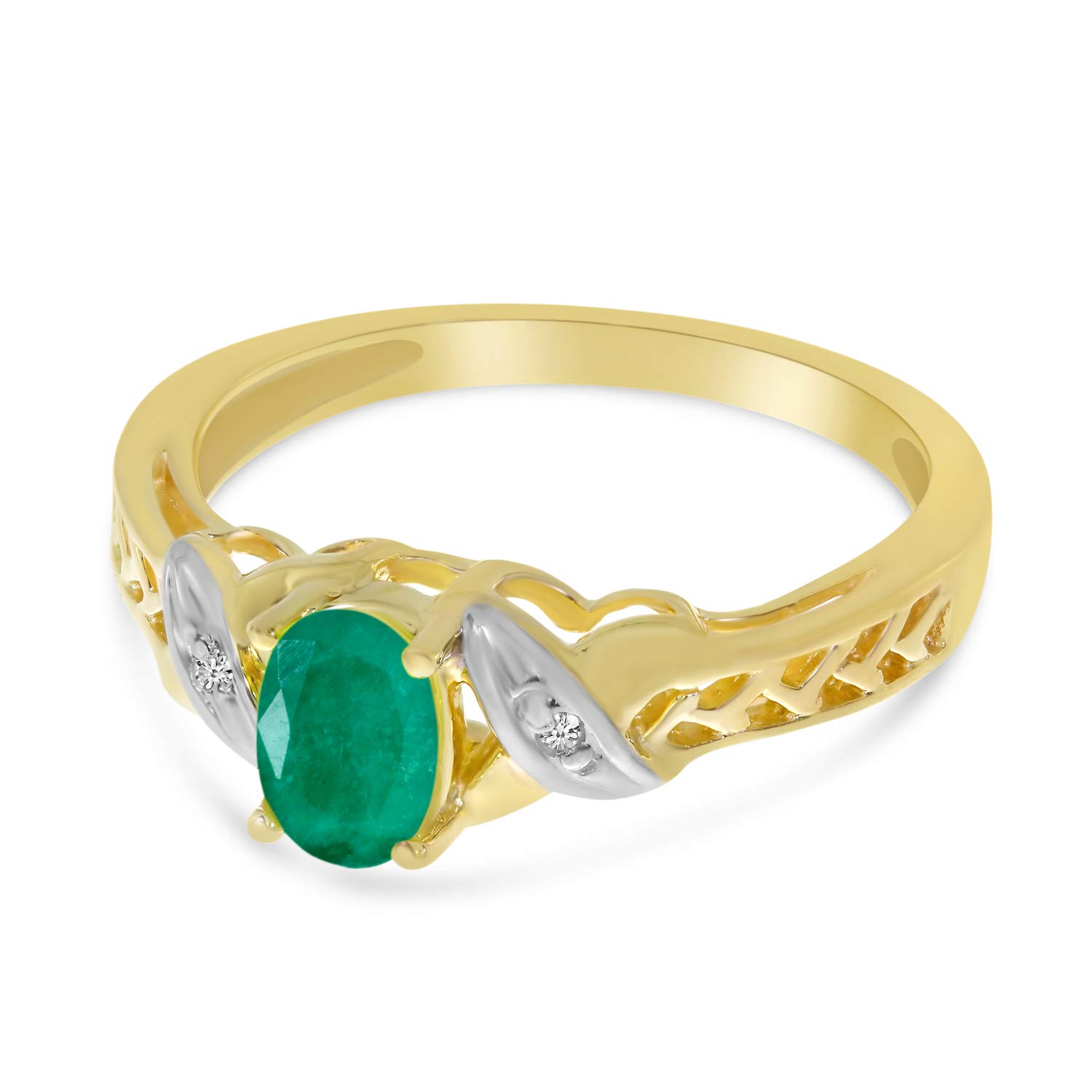 10K Yellow Gold Oval Emerald and Diamond Ring for Women - Elegant Vintage Style Engagement & Wedding Jewelry Gift